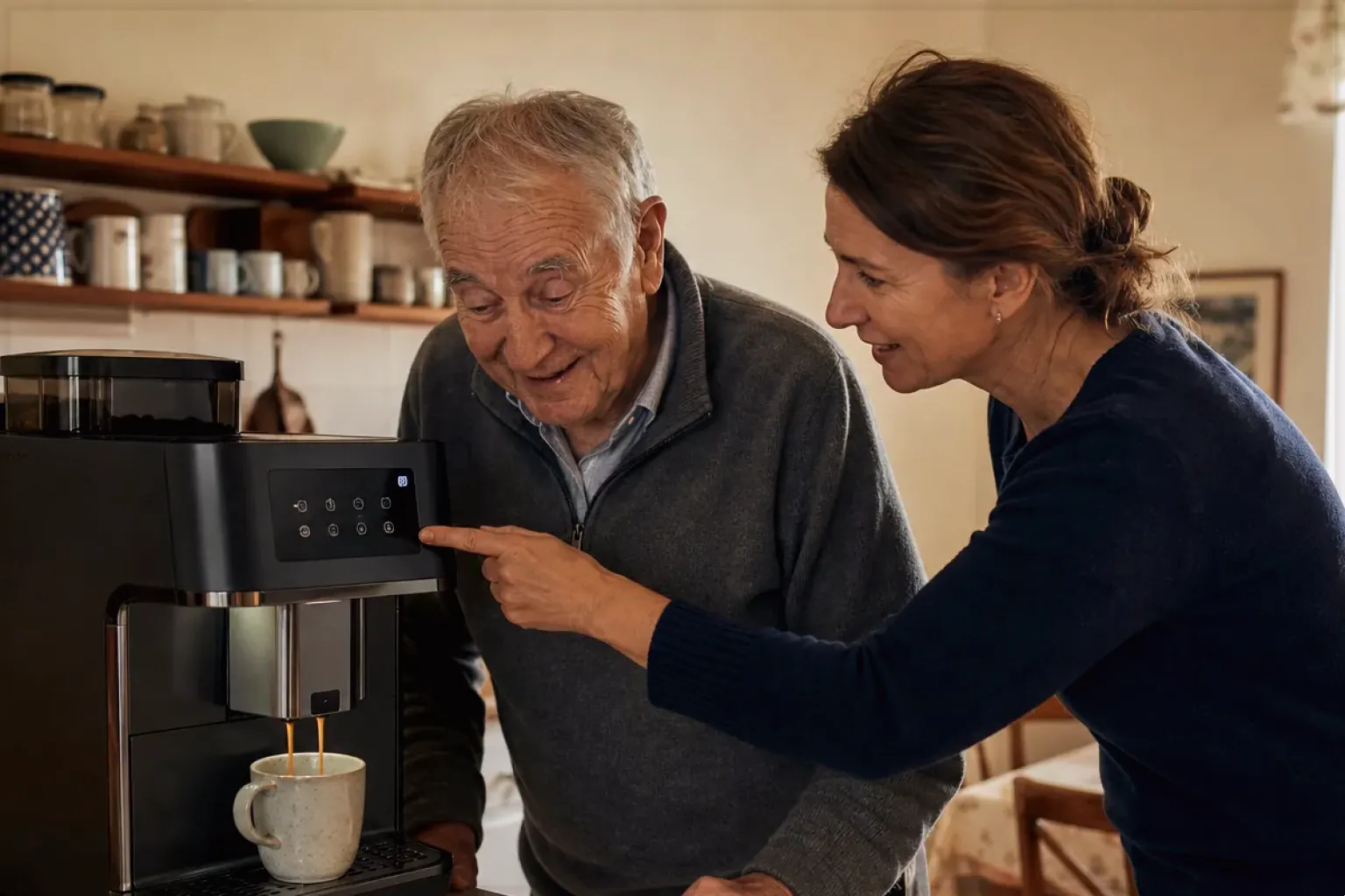 Eine erwachsene Tochter erklärt ihrem Vater verständlich die Bedienung eines Kaffeevollautomaten.