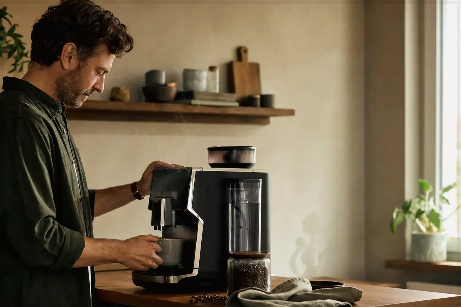 Ein Mann bereitet morgens Kaffee an einem Vollautomaten in seiner Küche zu – gezeigt für Leise Kaffeemühlen im Themenvergleich.