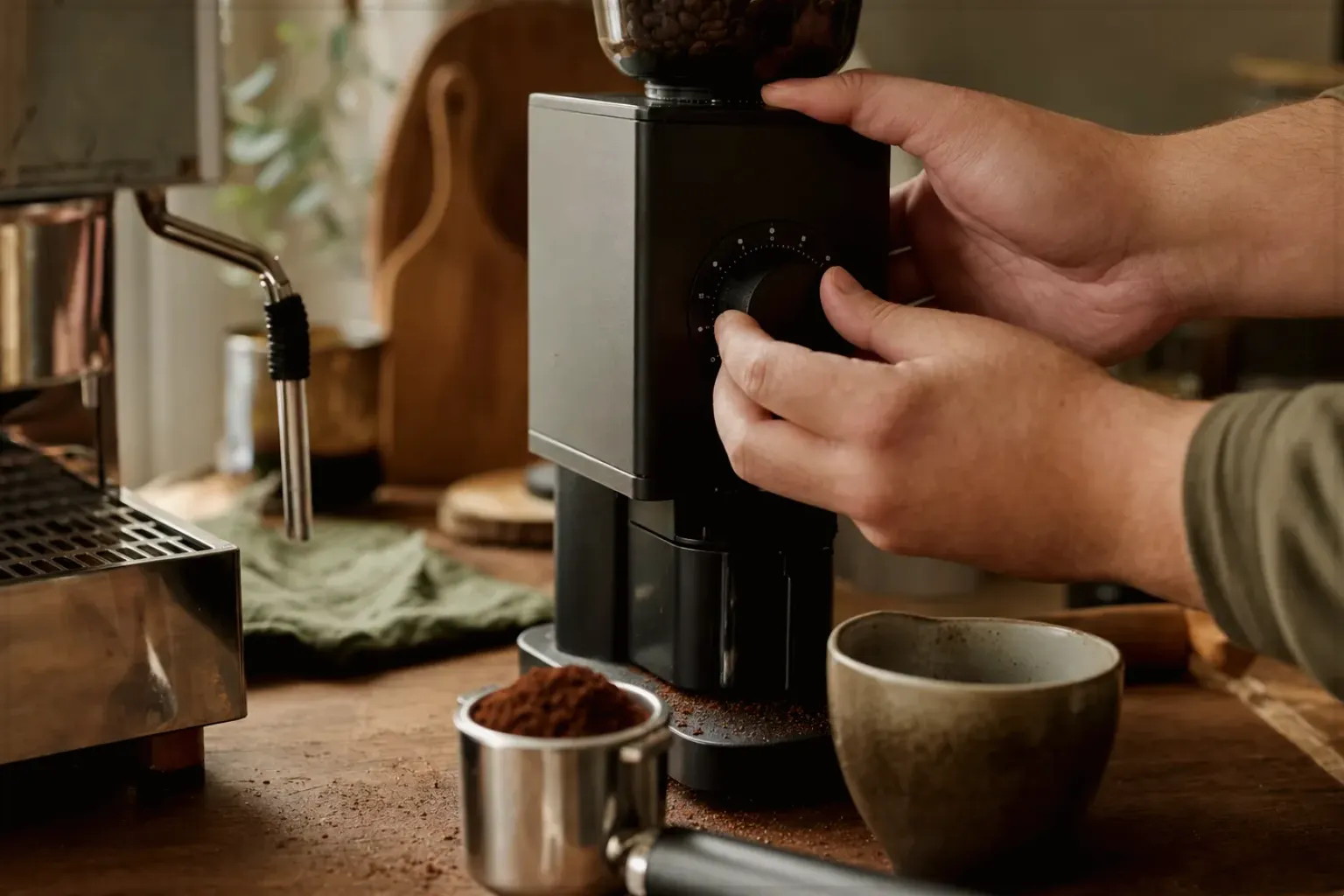 Zwei Hände stellen den Mahlgrad an einer Kaffeemühle neben einer Espressomaschine ein – gezeigt für Leise Kaffeemühlen im Themenvergleich.