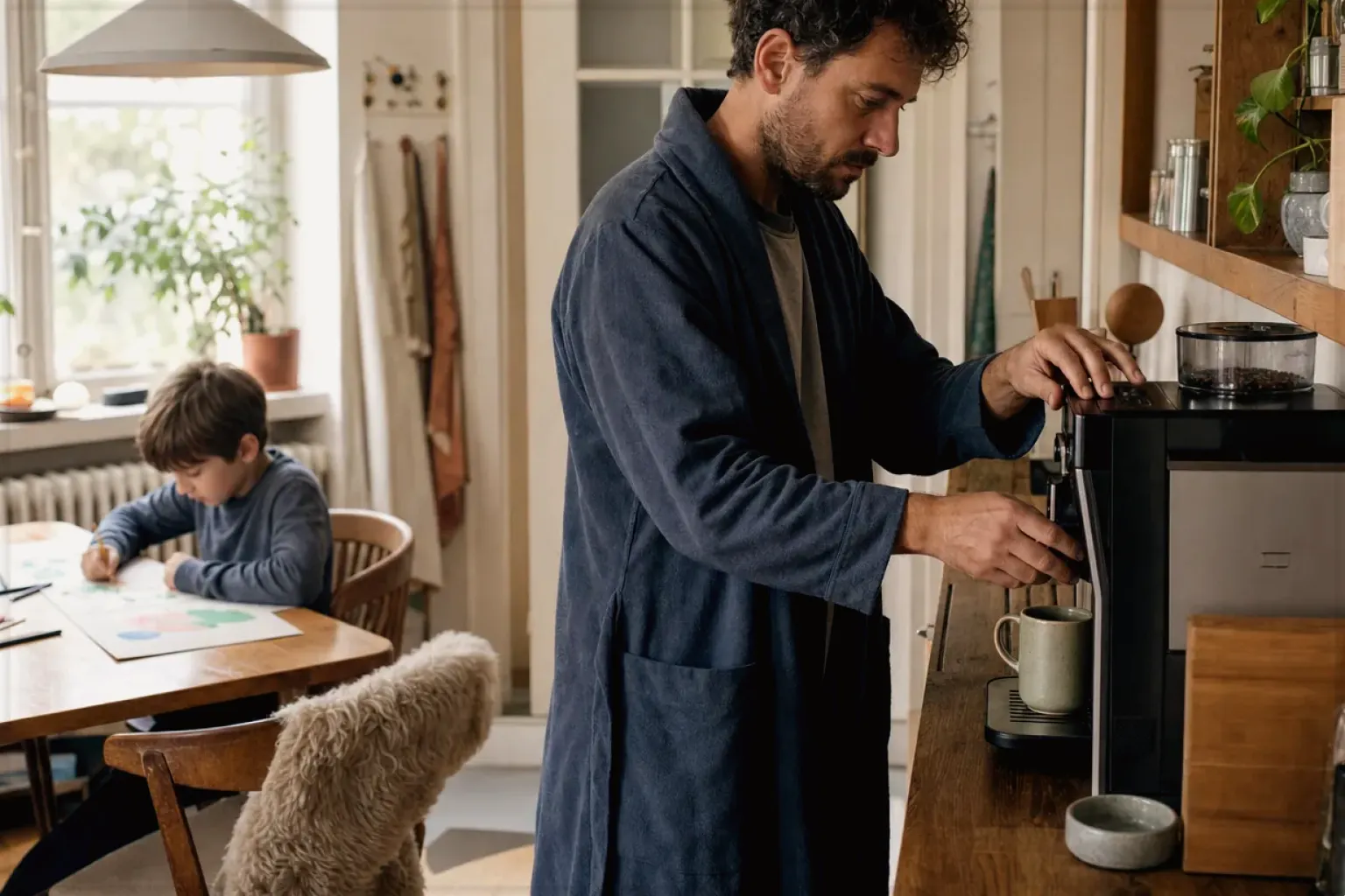 Ein Vater bereitet morgens Kaffee am Vollautomaten zu, während sein Kind am Küchentisch malt – gezeigt für Leise Kaffeemühlen im Themenvergleich.