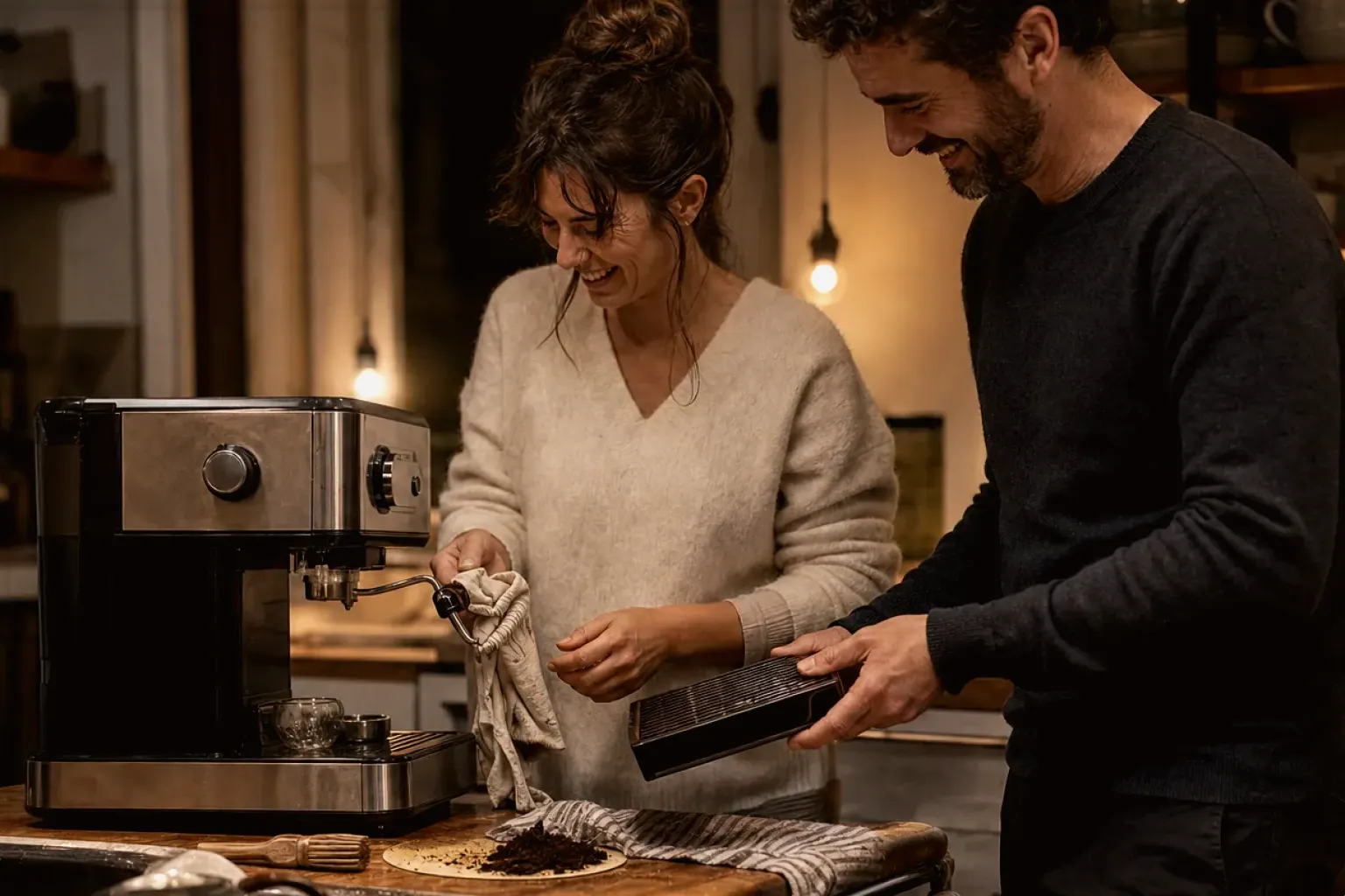 Ein Paar reinigt am Abend gemeinsam und gut gelaunt seine Espressomaschine in der Küche – gezeigt für Leise Kaffeemühlen im Themenvergleich.