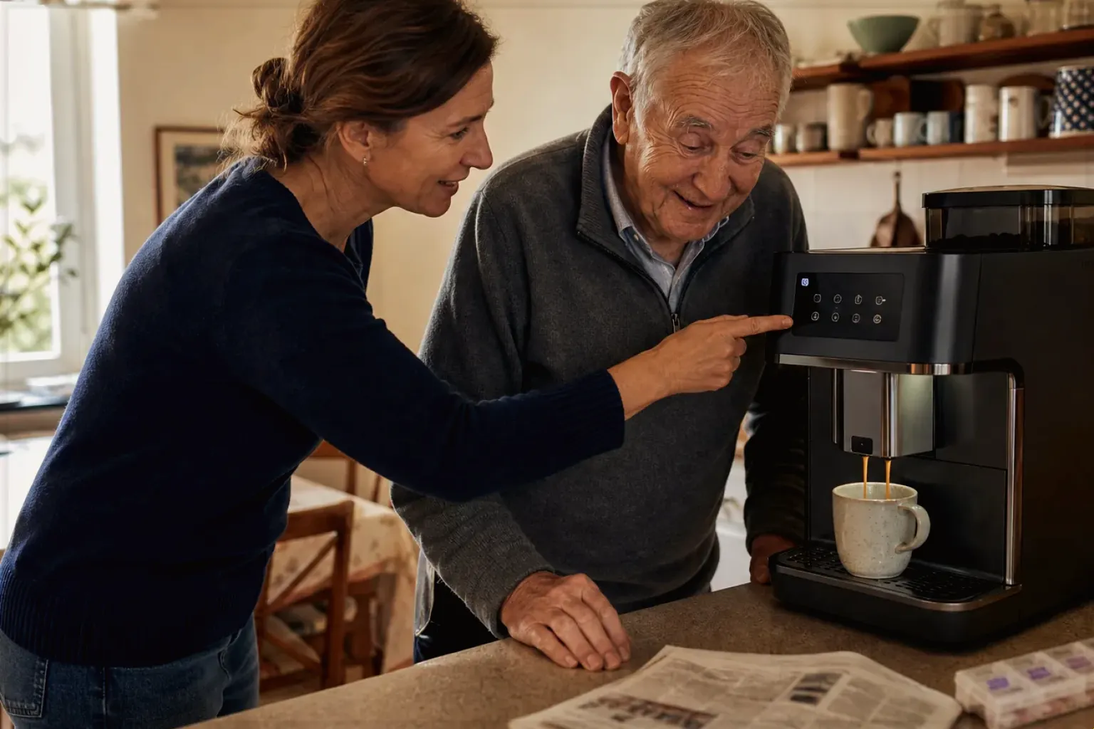 Eine erwachsene Tochter erklärt ihrem älteren Vater in seiner Küche einen Kaffeevollautomaten – gezeigt für Leise Kaffeemühlen im Themenvergleich.