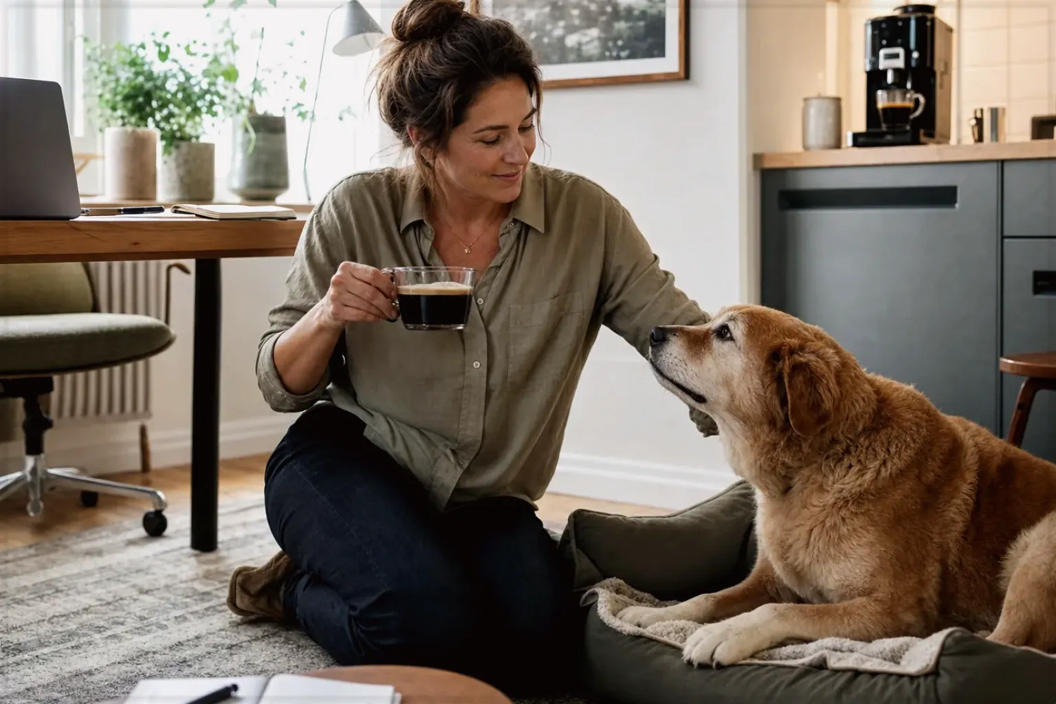 Eine Frau genießt im Homeoffice eine Kaffeepause bei ihrem älteren Hund – gezeigt für Leise Kaffeemühlen im Themenvergleich.