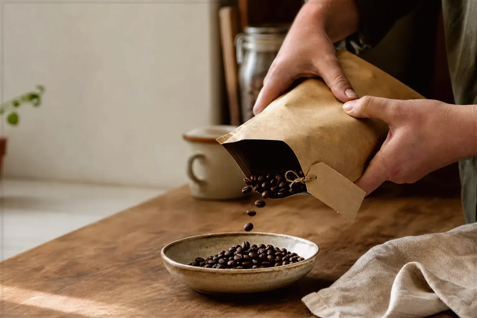 Hände füllen frisch geröstete Kaffeebohnen aus einer Papiertüte in eine Keramikschale – gezeigt für Leise Kaffeemühlen im Themenvergleich.