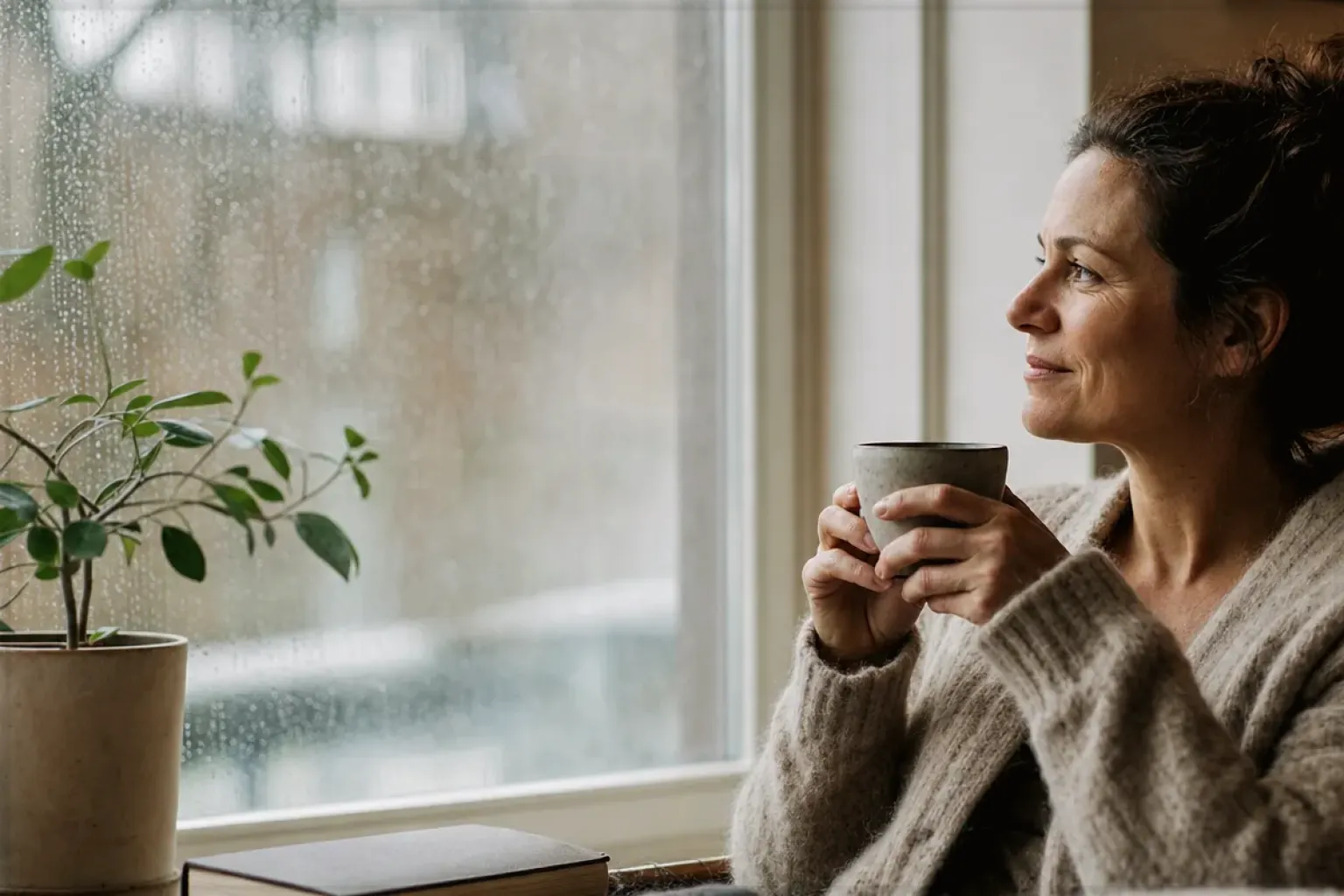 Eine Frau genießt an einem regnerischen Nachmittag ruhig eine Tasse Kaffee am Fenster – gezeigt für Leise Kaffeemühlen im Themenvergleich.