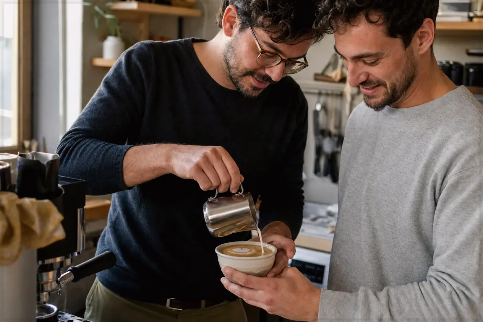 Zwei Freunde freuen sich in einer kleinen Küche über ihre gemeinsam gegossene Latte Art – gezeigt für Leise Kaffeemühlen im Themenvergleich.
