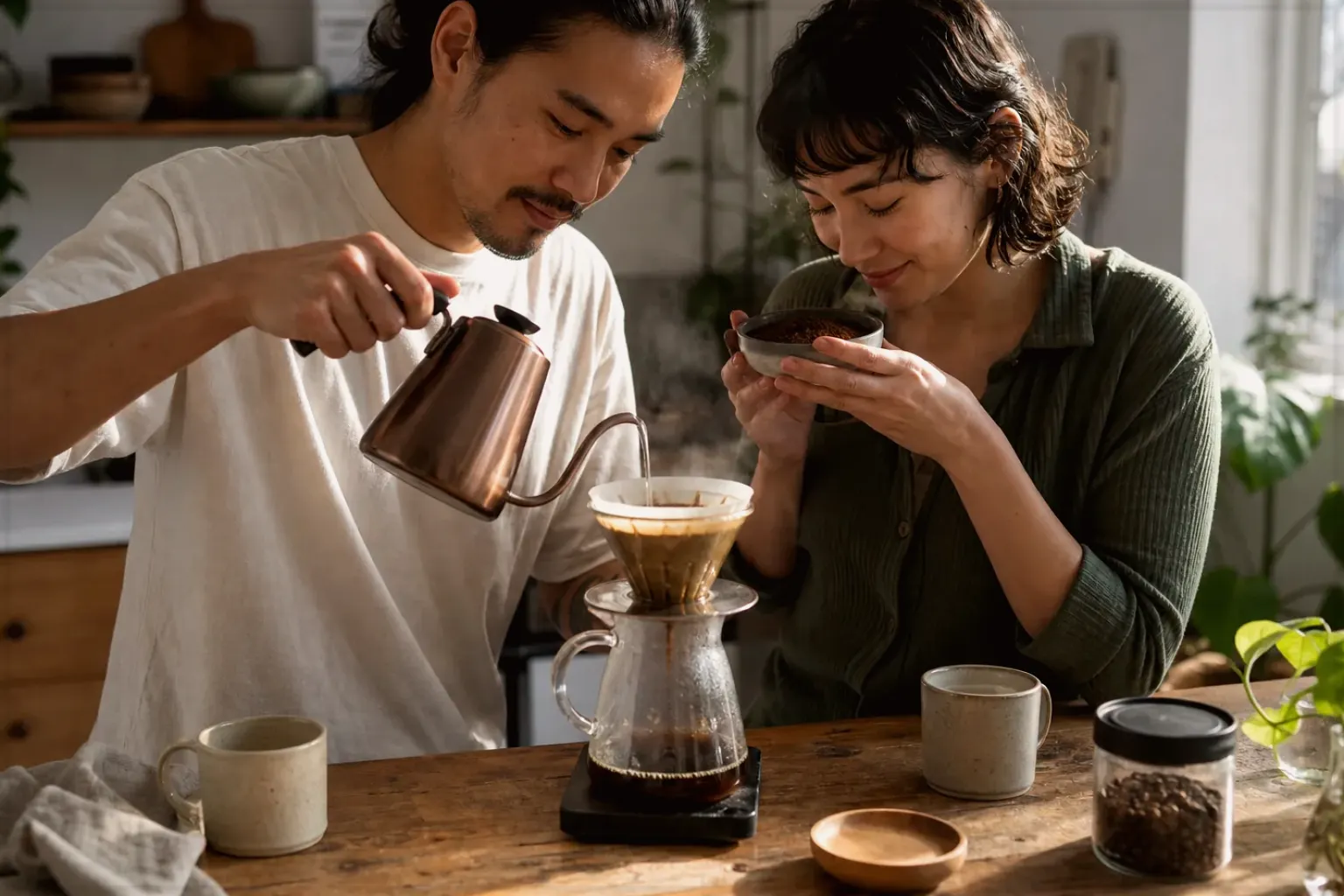 Zwei Menschen bereiten am Wochenende gemeinsam Filterkaffee mit einem Handfilter zu – gezeigt für Leise Kaffeemühlen im Themenvergleich.