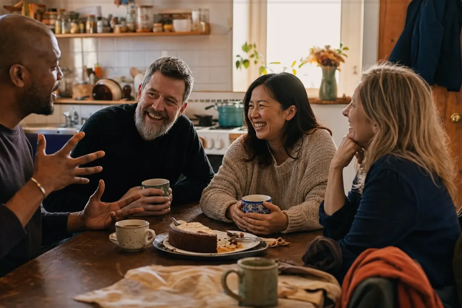 Vier erwachsene Freunde lachen gemeinsam bei Kaffee und selbst gebackenem Kuchen – gezeigt für Leise Kaffeemühlen im Themenvergleich.
