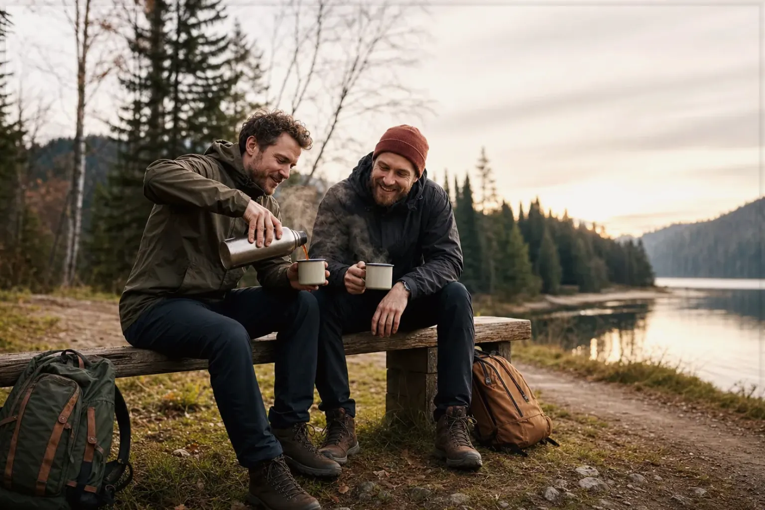 Zwei Freunde teilen auf einer Wanderung heißen Kaffee aus einer Thermoskanne am See – gezeigt für Leise Kaffeemühlen im Themenvergleich.