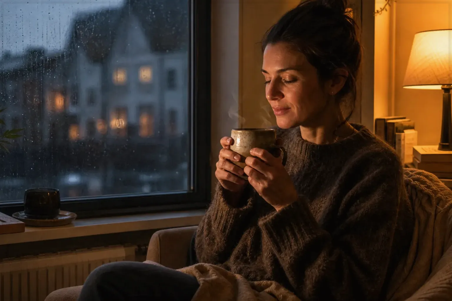 Eine Frau genießt an einem regnerischen Abend ruhig eine warme Tasse Kaffee am Fenster – gezeigt für Leise Kaffeemühlen im Themenvergleich.