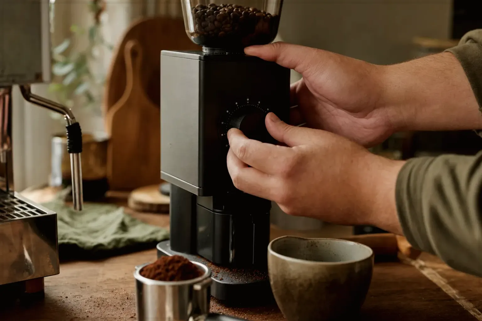 Zwei Hände stellen den Mahlgrad an einer Kaffeemühle präzise ein.