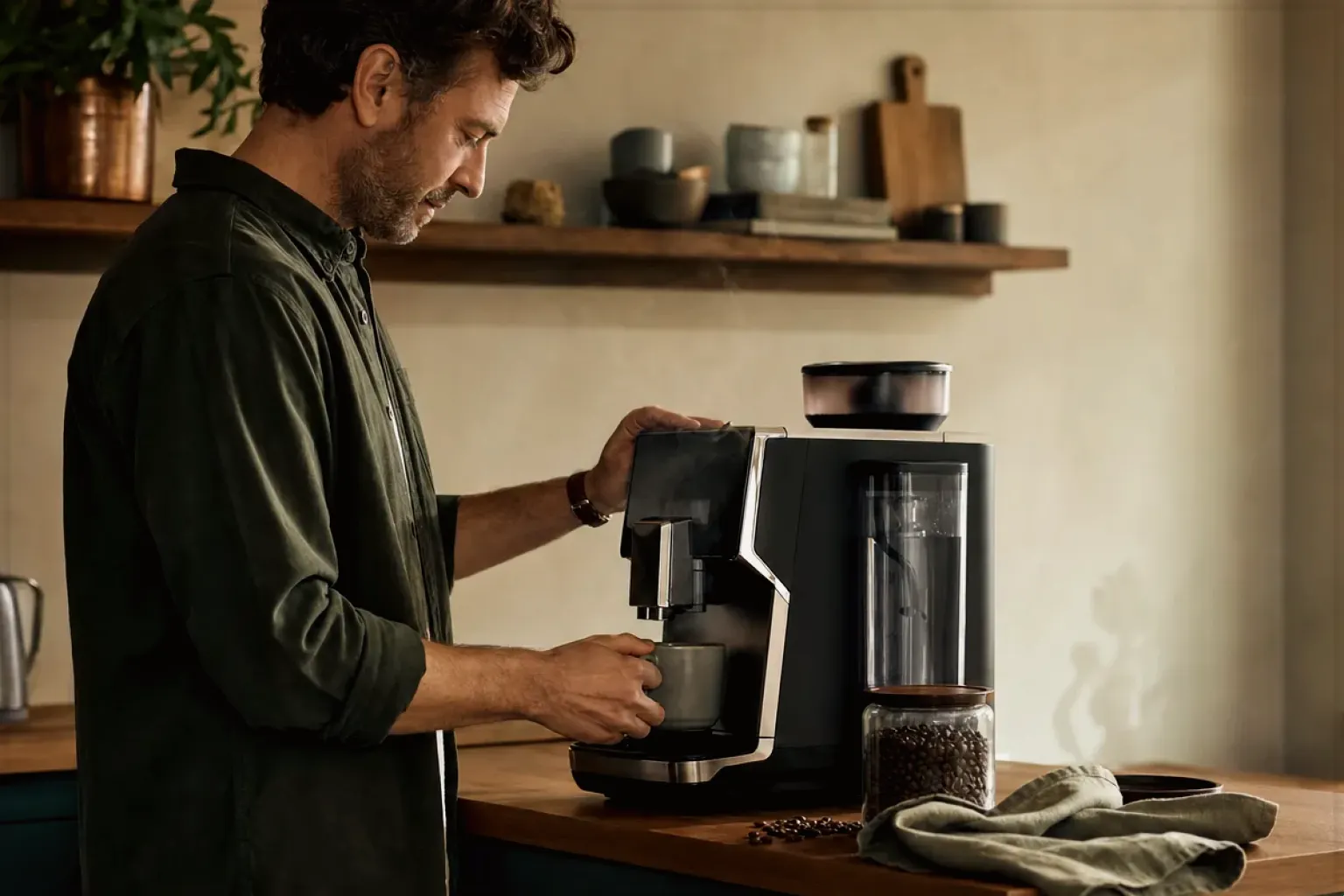 Ein Mann bereitet morgens Kaffee an einem Vollautomaten in seiner Küche zu – gezeigt für Leise Vollautomaten im Themenvergleich.