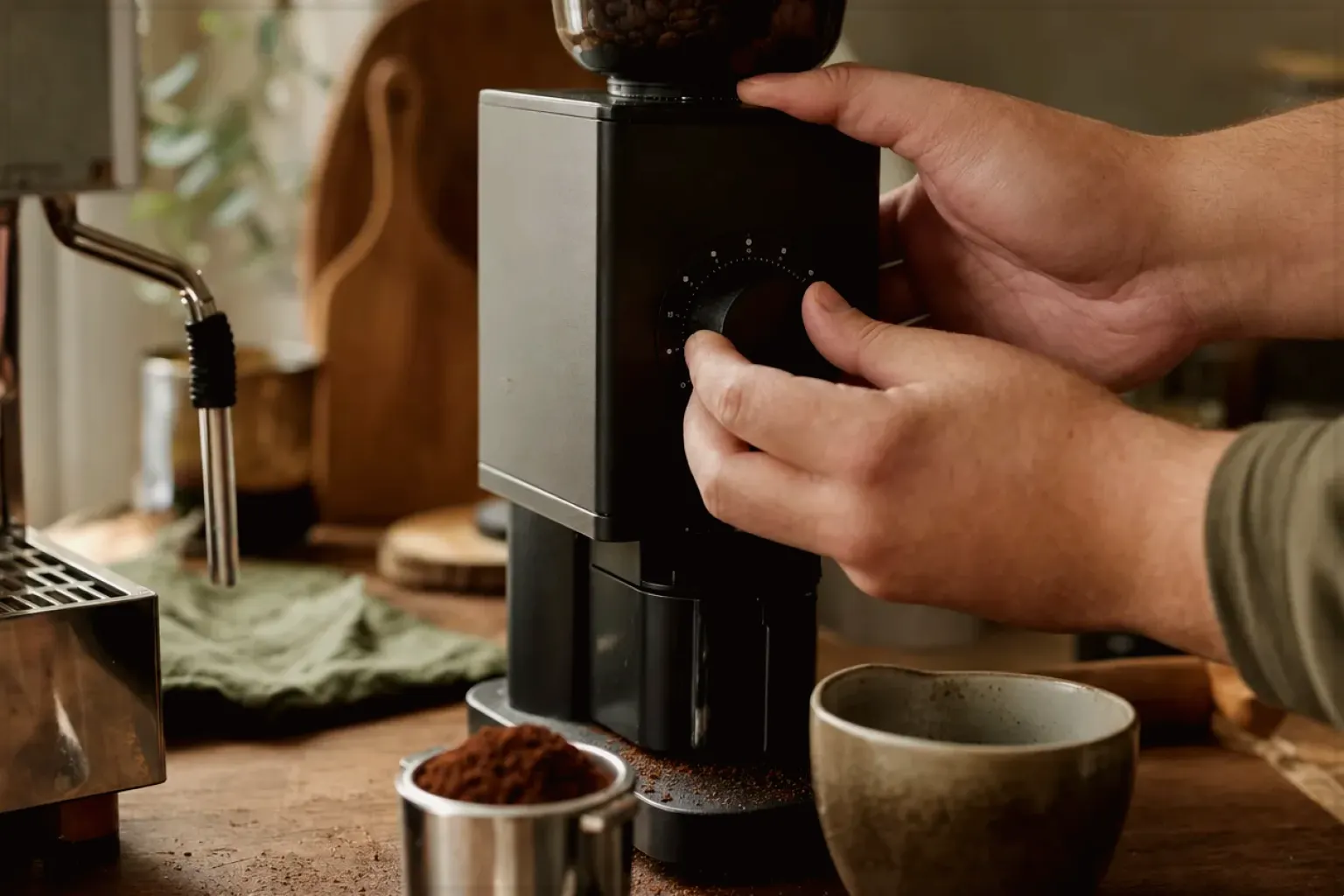 Zwei Hände stellen den Mahlgrad an einer Kaffeemühle neben einer Espressomaschine ein – gezeigt für Leise Vollautomaten im Themenvergleich.