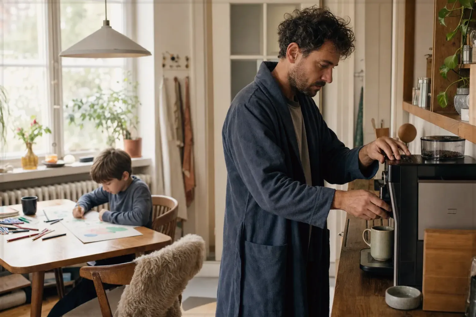 Ein Vater bereitet morgens Kaffee am Vollautomaten zu, während sein Kind am Küchentisch malt – gezeigt für Leise Vollautomaten im Themenvergleich.