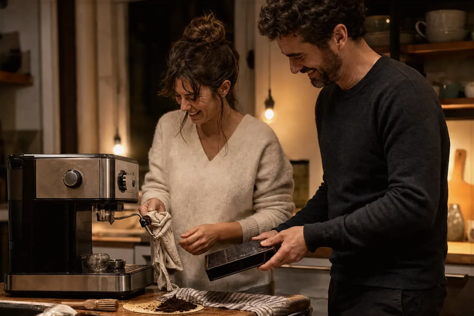 Ein Paar reinigt am Abend gemeinsam und gut gelaunt seine Espressomaschine in der Küche – gezeigt für Leise Vollautomaten im Themenvergleich.