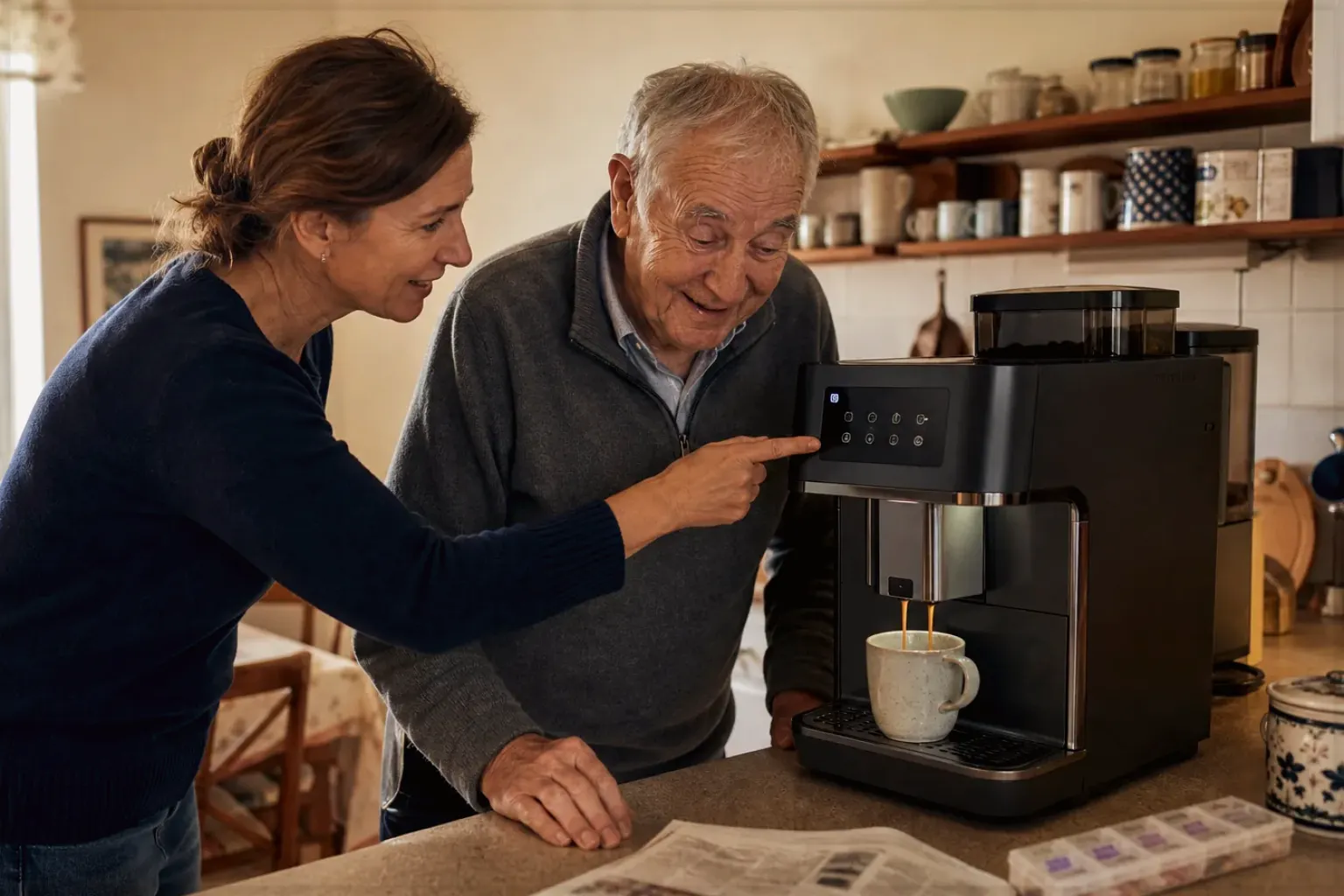 Eine erwachsene Tochter erklärt ihrem älteren Vater in seiner Küche einen Kaffeevollautomaten – gezeigt für Leise Vollautomaten im Themenvergleich.