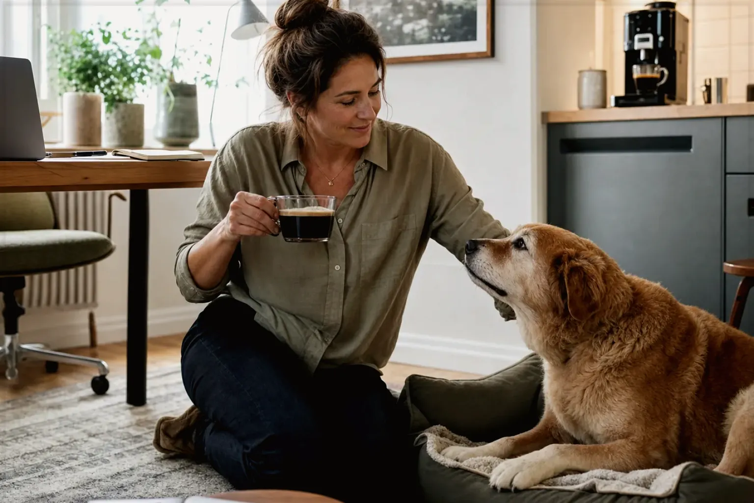 Eine Frau genießt im Homeoffice eine Kaffeepause bei ihrem älteren Hund – gezeigt für Leise Vollautomaten im Themenvergleich.
