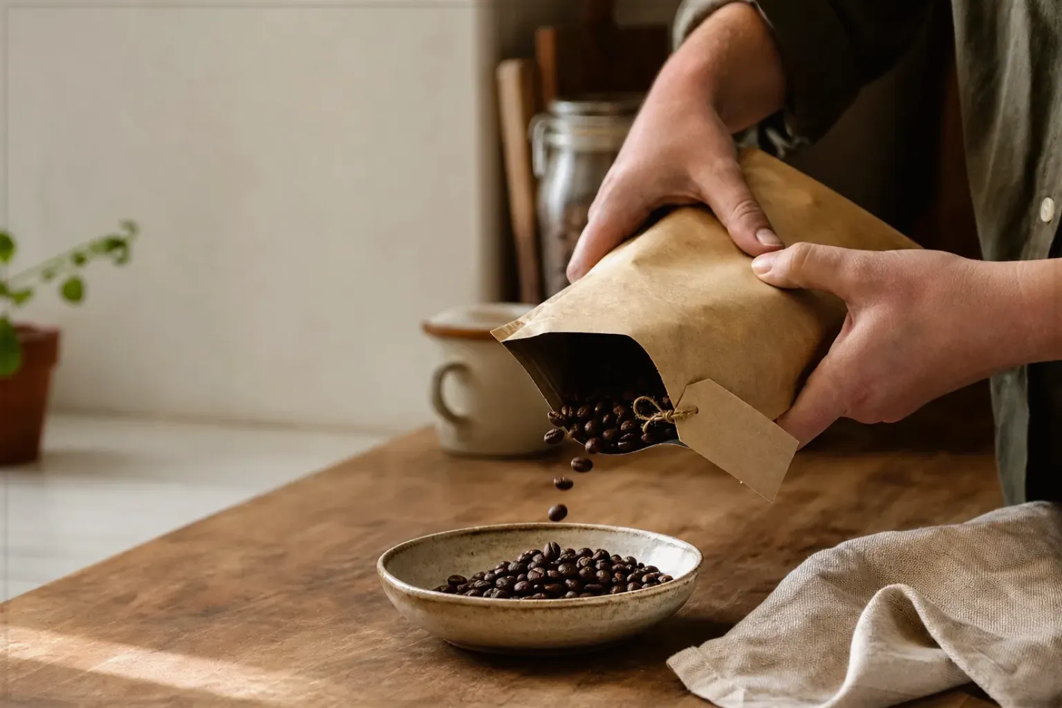 Hände füllen frisch geröstete Kaffeebohnen aus einer Papiertüte in eine Keramikschale – gezeigt für Leise Vollautomaten im Themenvergleich.
