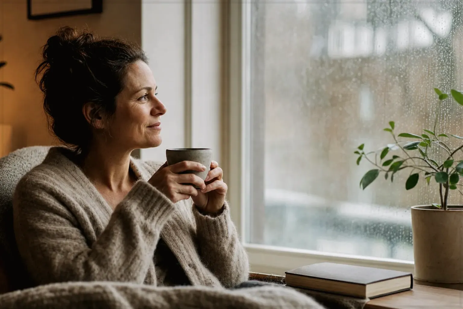 Eine Frau genießt an einem regnerischen Nachmittag ruhig eine Tasse Kaffee am Fenster – gezeigt für Leise Vollautomaten im Themenvergleich.