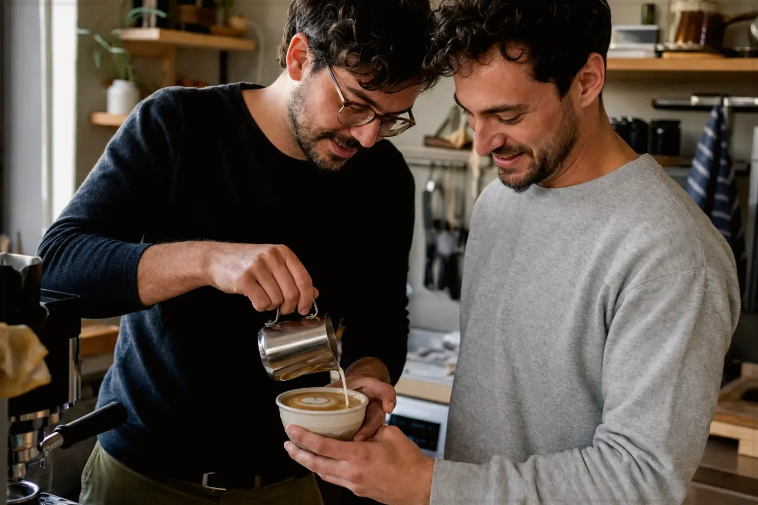Zwei Freunde freuen sich in einer kleinen Küche über ihre gemeinsam gegossene Latte Art – gezeigt für Leise Vollautomaten im Themenvergleich.