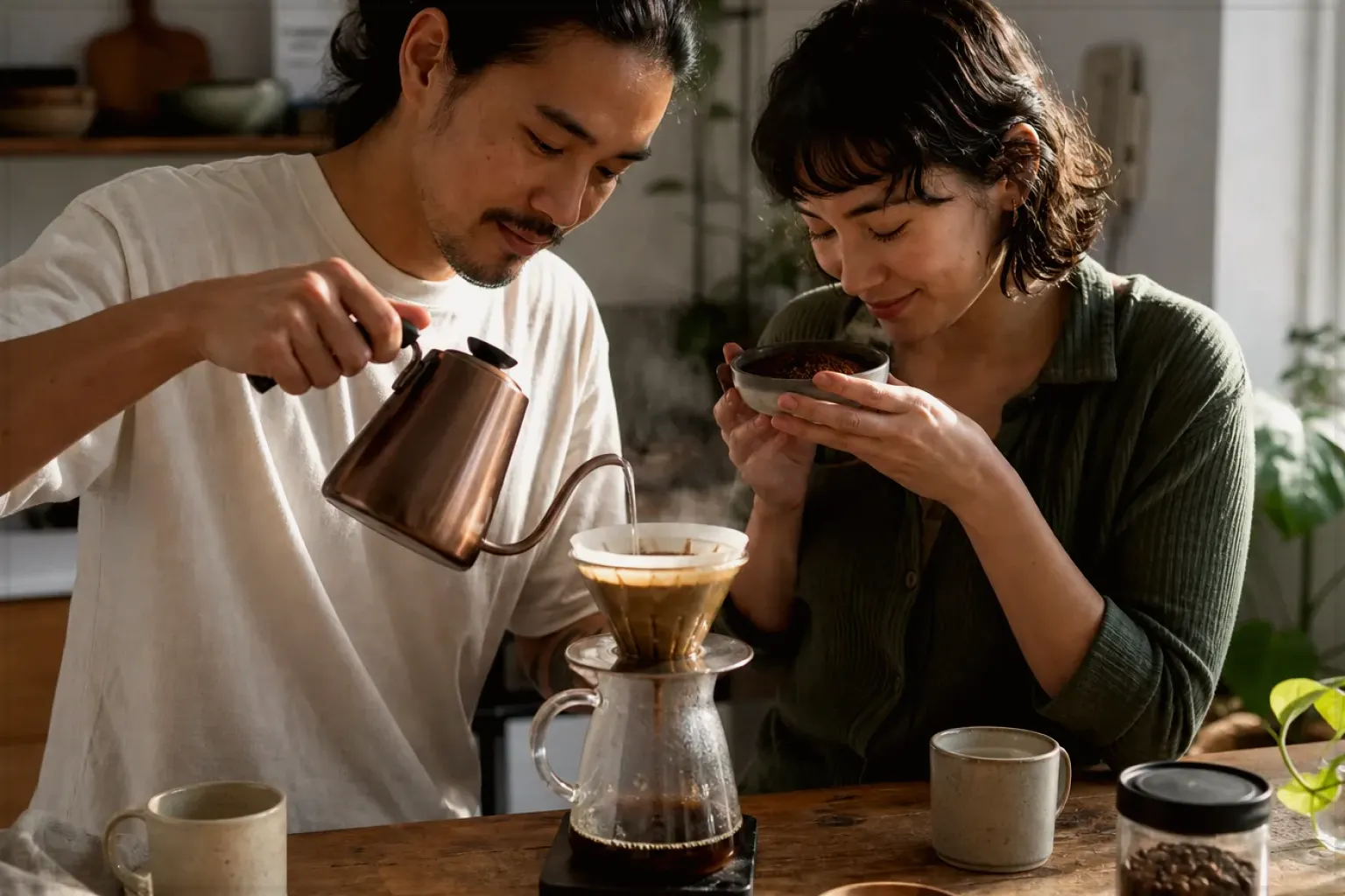 Zwei Menschen bereiten am Wochenende gemeinsam Filterkaffee mit einem Handfilter zu – gezeigt für Leise Vollautomaten im Themenvergleich.