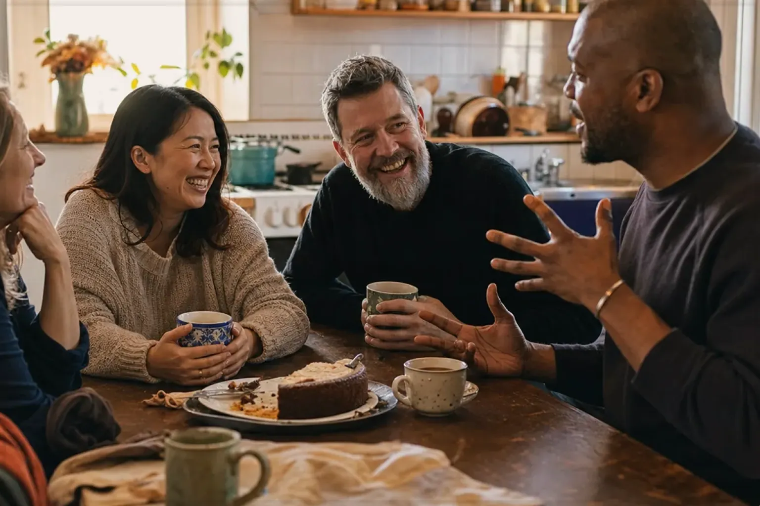 Vier erwachsene Freunde lachen gemeinsam bei Kaffee und selbst gebackenem Kuchen – gezeigt für Leise Vollautomaten im Themenvergleich.