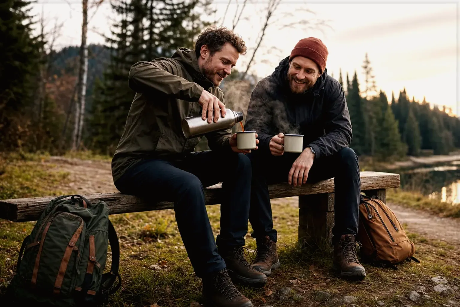 Zwei Freunde teilen auf einer Wanderung heißen Kaffee aus einer Thermoskanne am See – gezeigt für Leise Vollautomaten im Themenvergleich.