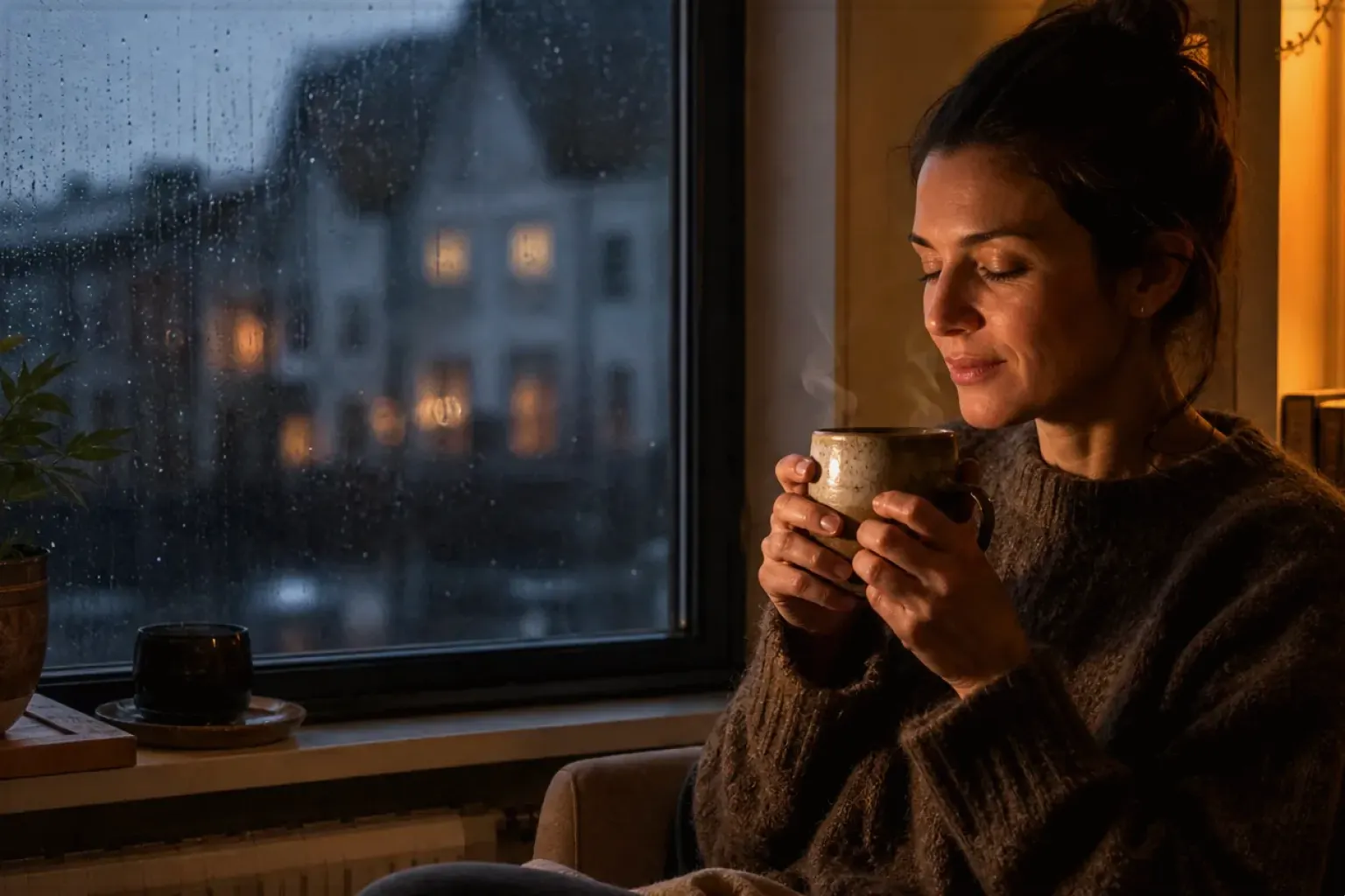 Eine Frau genießt an einem regnerischen Abend ruhig eine warme Tasse Kaffee am Fenster – gezeigt für Leise Vollautomaten im Themenvergleich.