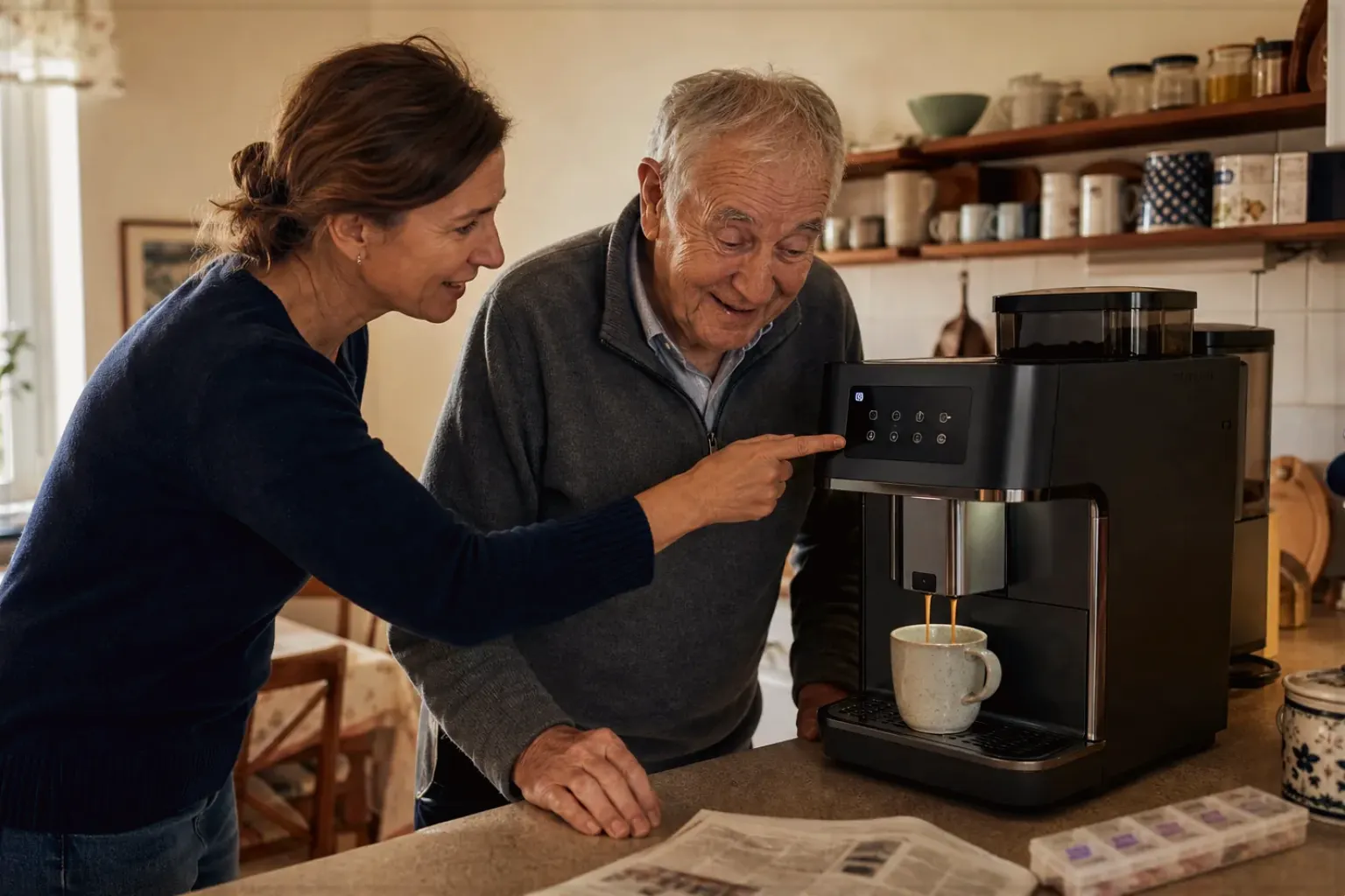 Eine erwachsene Tochter erklärt ihrem Vater verständlich die Bedienung eines Kaffeevollautomaten.