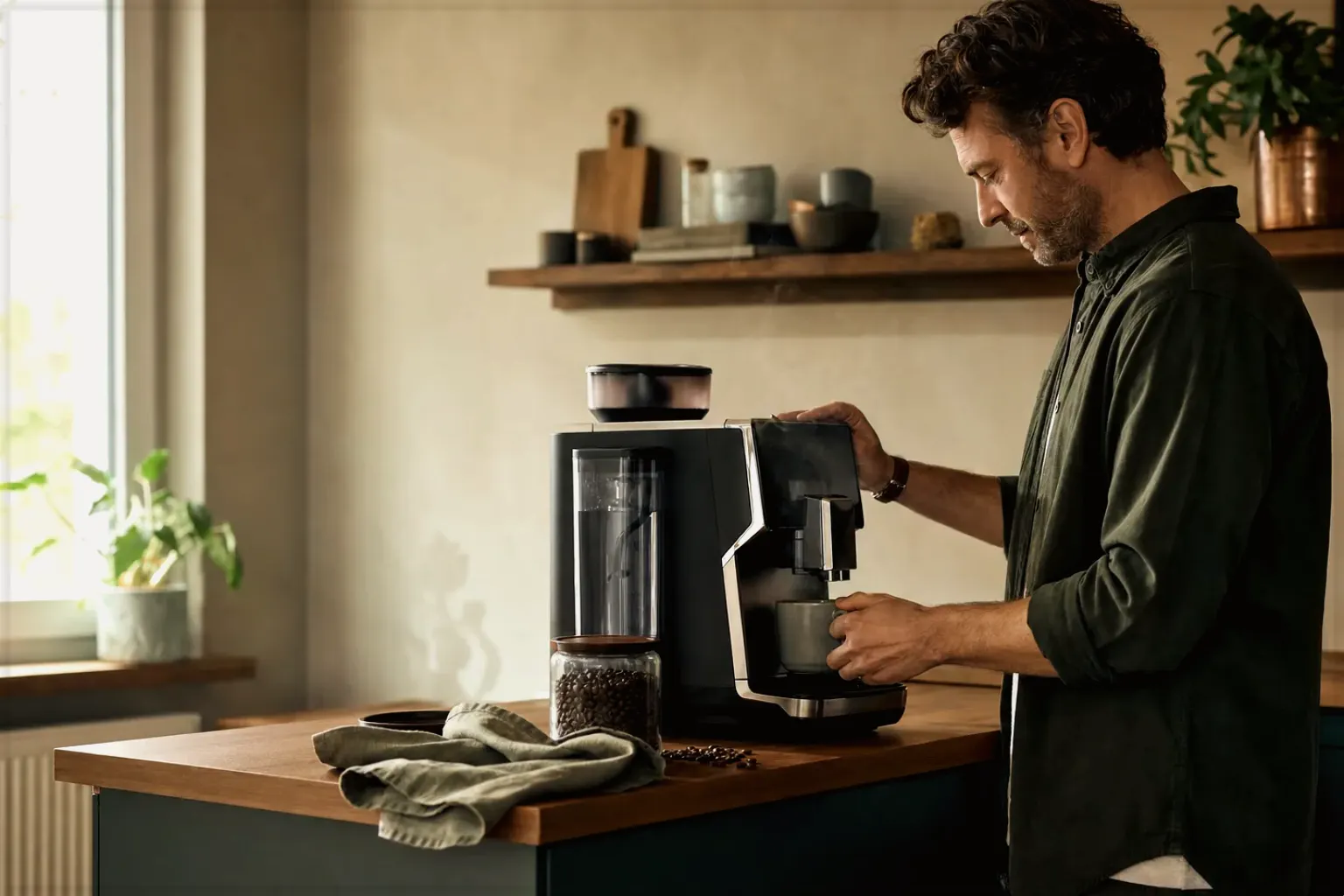 Ein Mann bereitet morgens Kaffee an einem Vollautomaten in seiner Küche zu – gezeigt für Manuelle Kaffeemühlen im Themenvergleich.