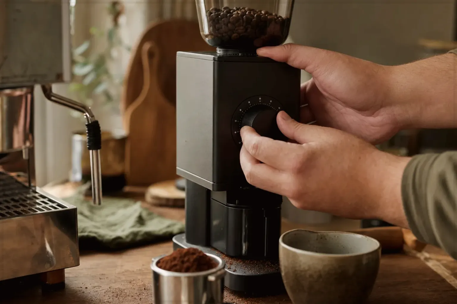 Zwei Hände stellen den Mahlgrad an einer Kaffeemühle neben einer Espressomaschine ein – gezeigt für Manuelle Kaffeemühlen im Themenvergleich.