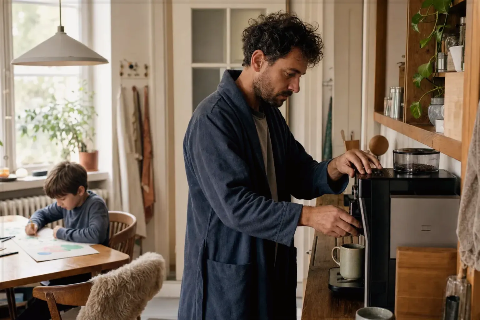 Ein Vater bereitet morgens Kaffee am Vollautomaten zu, während sein Kind am Küchentisch malt – gezeigt für Manuelle Kaffeemühlen im Themenvergleich.