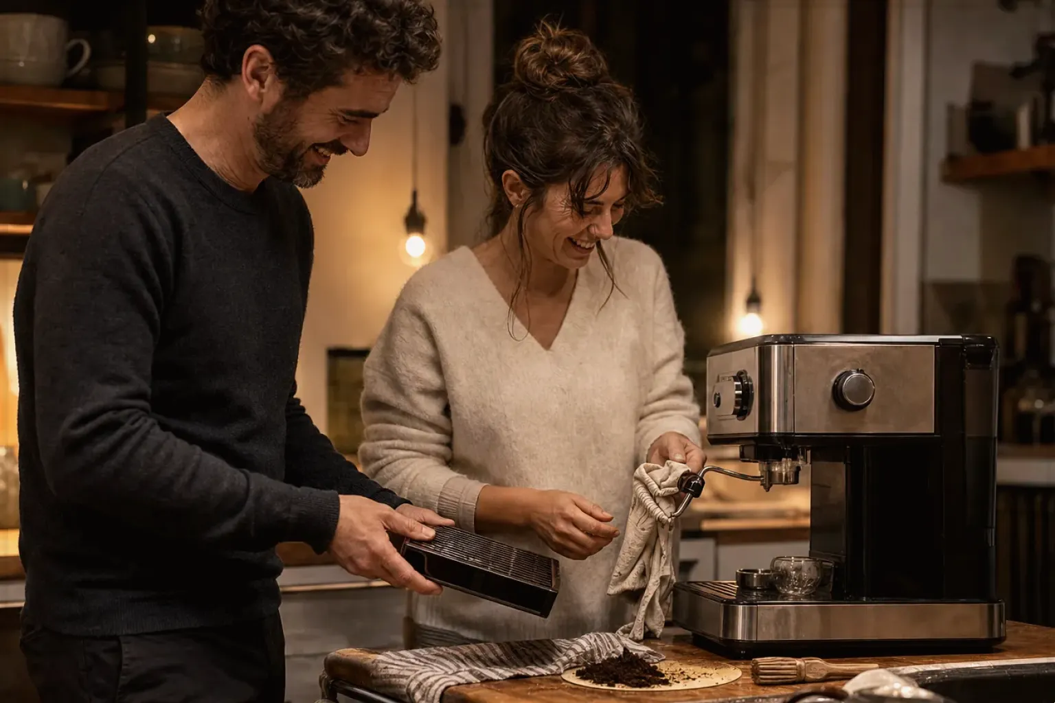 Ein Paar reinigt am Abend gemeinsam und gut gelaunt seine Espressomaschine in der Küche – gezeigt für Manuelle Kaffeemühlen im Themenvergleich.