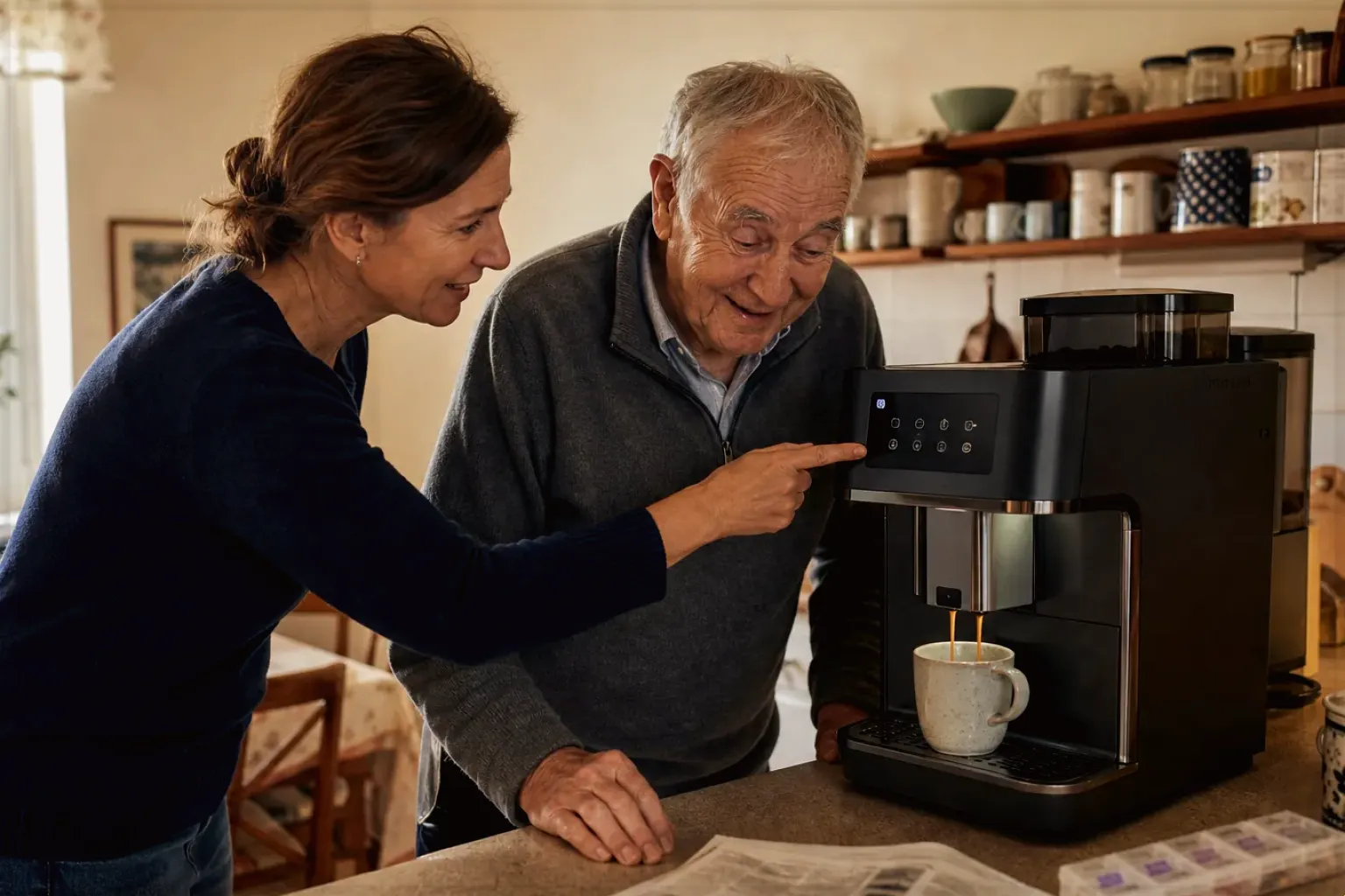 Eine erwachsene Tochter erklärt ihrem älteren Vater in seiner Küche einen Kaffeevollautomaten – gezeigt für Manuelle Kaffeemühlen im Themenvergleich.