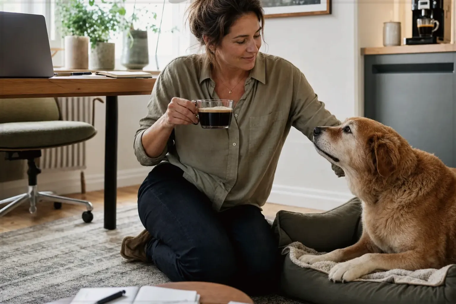 Eine Frau genießt im Homeoffice eine Kaffeepause bei ihrem älteren Hund – gezeigt für Manuelle Kaffeemühlen im Themenvergleich.