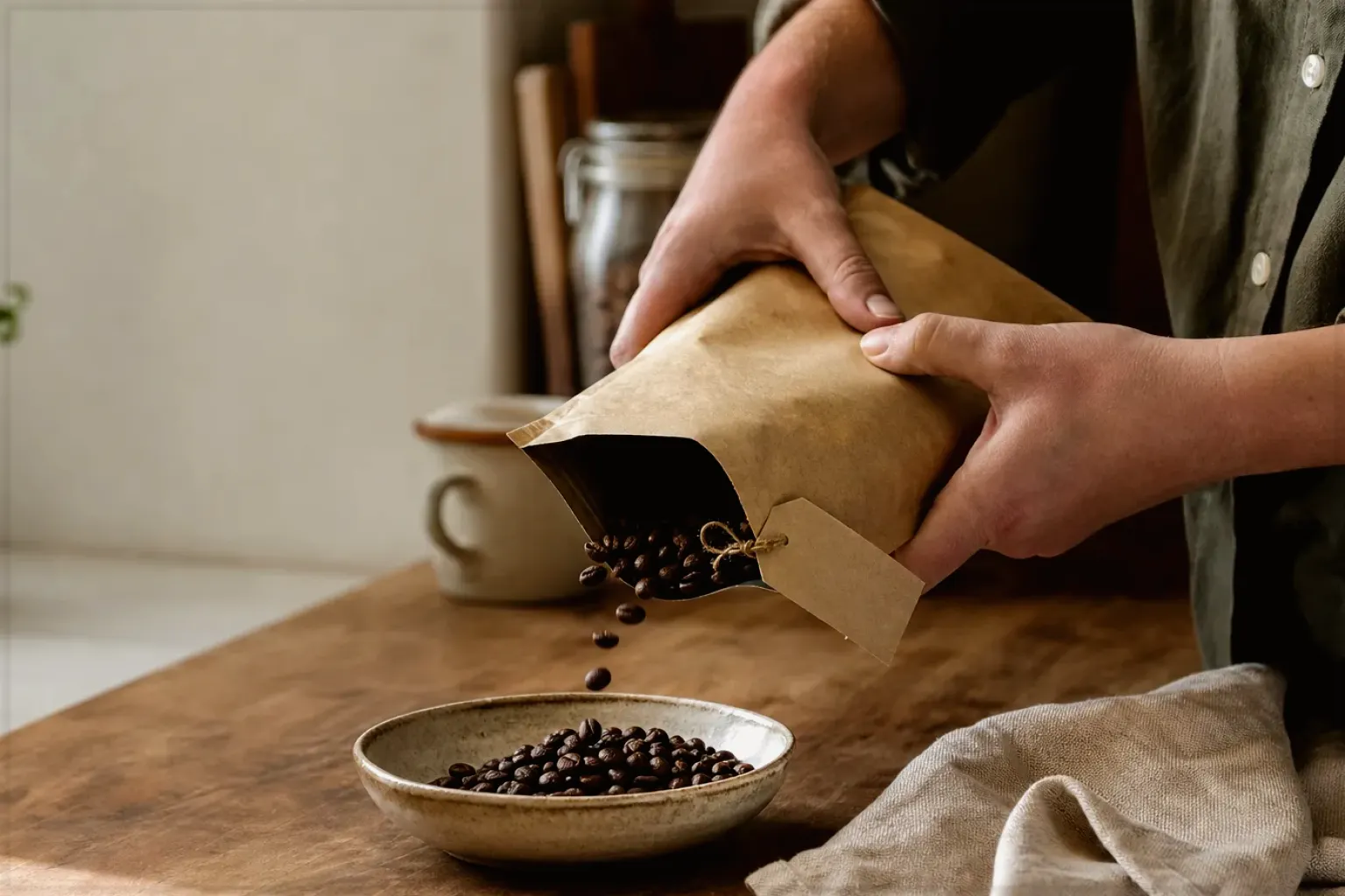 Hände füllen frisch geröstete Kaffeebohnen aus einer Papiertüte in eine Keramikschale – gezeigt für Manuelle Kaffeemühlen im Themenvergleich.