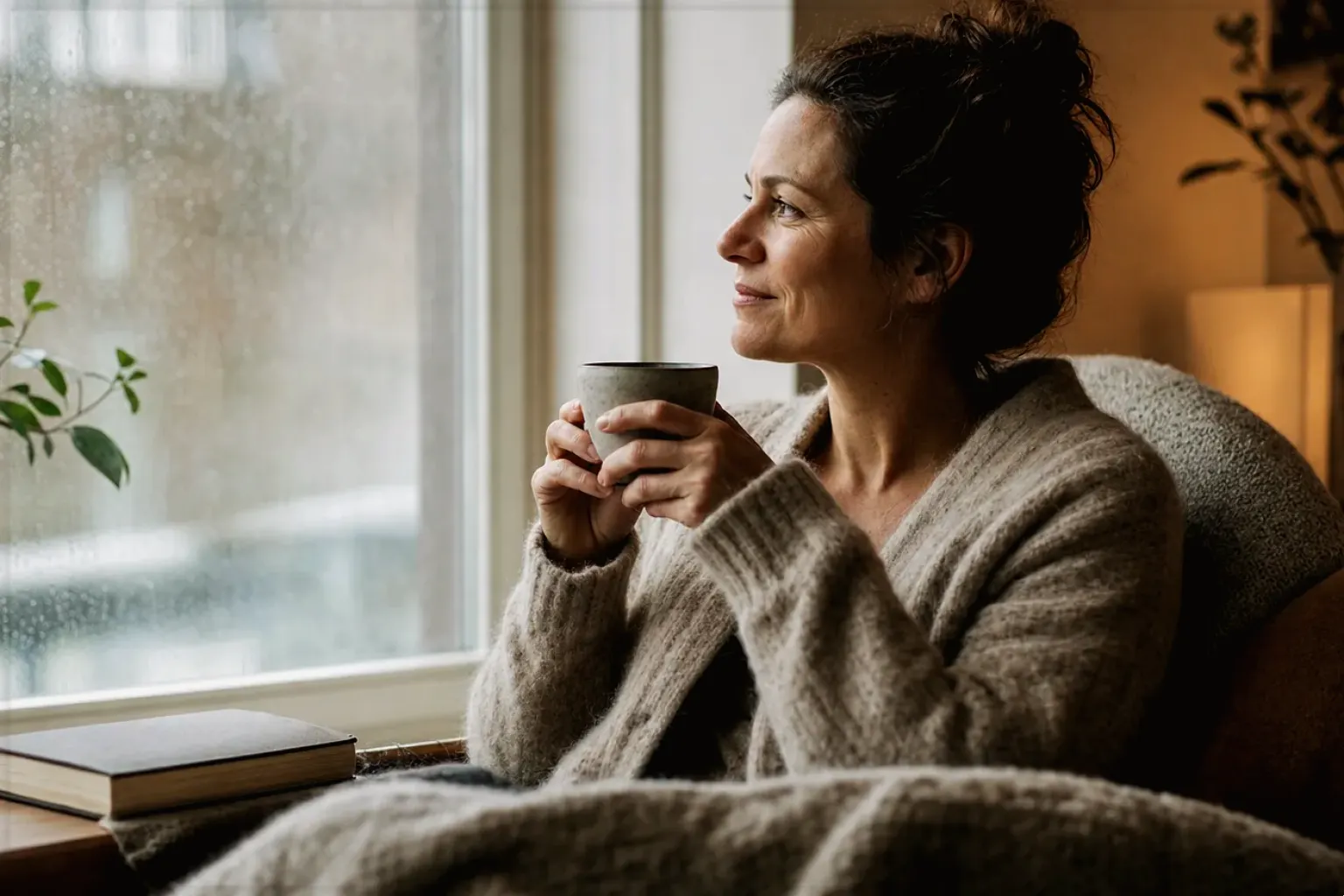 Eine Frau genießt an einem regnerischen Nachmittag ruhig eine Tasse Kaffee am Fenster – gezeigt für Manuelle Kaffeemühlen im Themenvergleich.