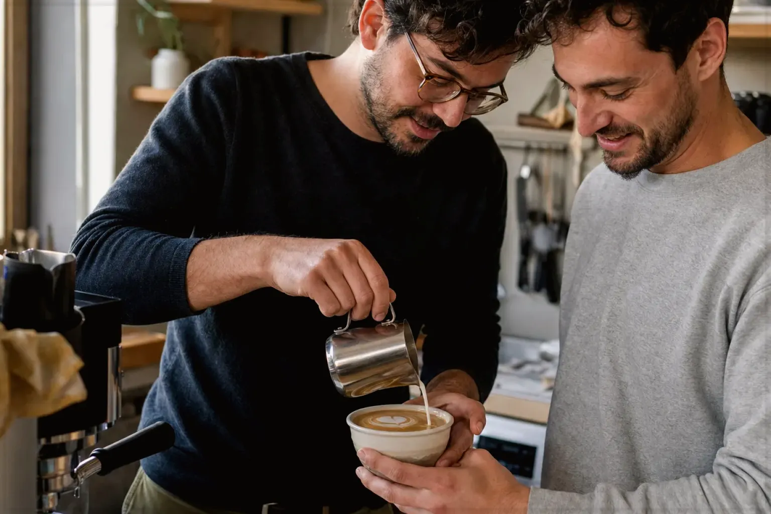 Zwei Freunde freuen sich in einer kleinen Küche über ihre gemeinsam gegossene Latte Art – gezeigt für Manuelle Kaffeemühlen im Themenvergleich.