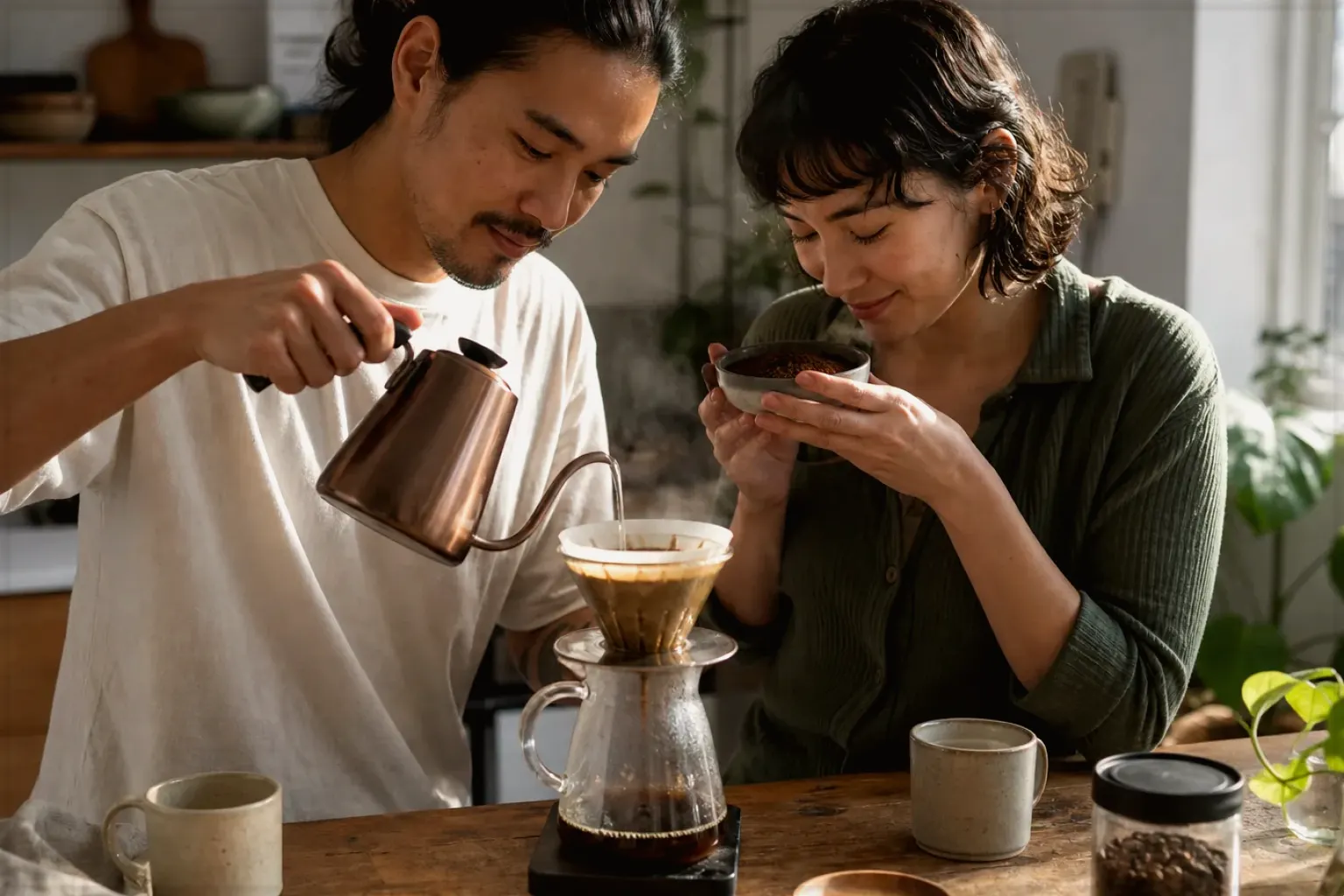 Zwei Menschen bereiten am Wochenende gemeinsam Filterkaffee mit einem Handfilter zu – gezeigt für Manuelle Kaffeemühlen im Themenvergleich.