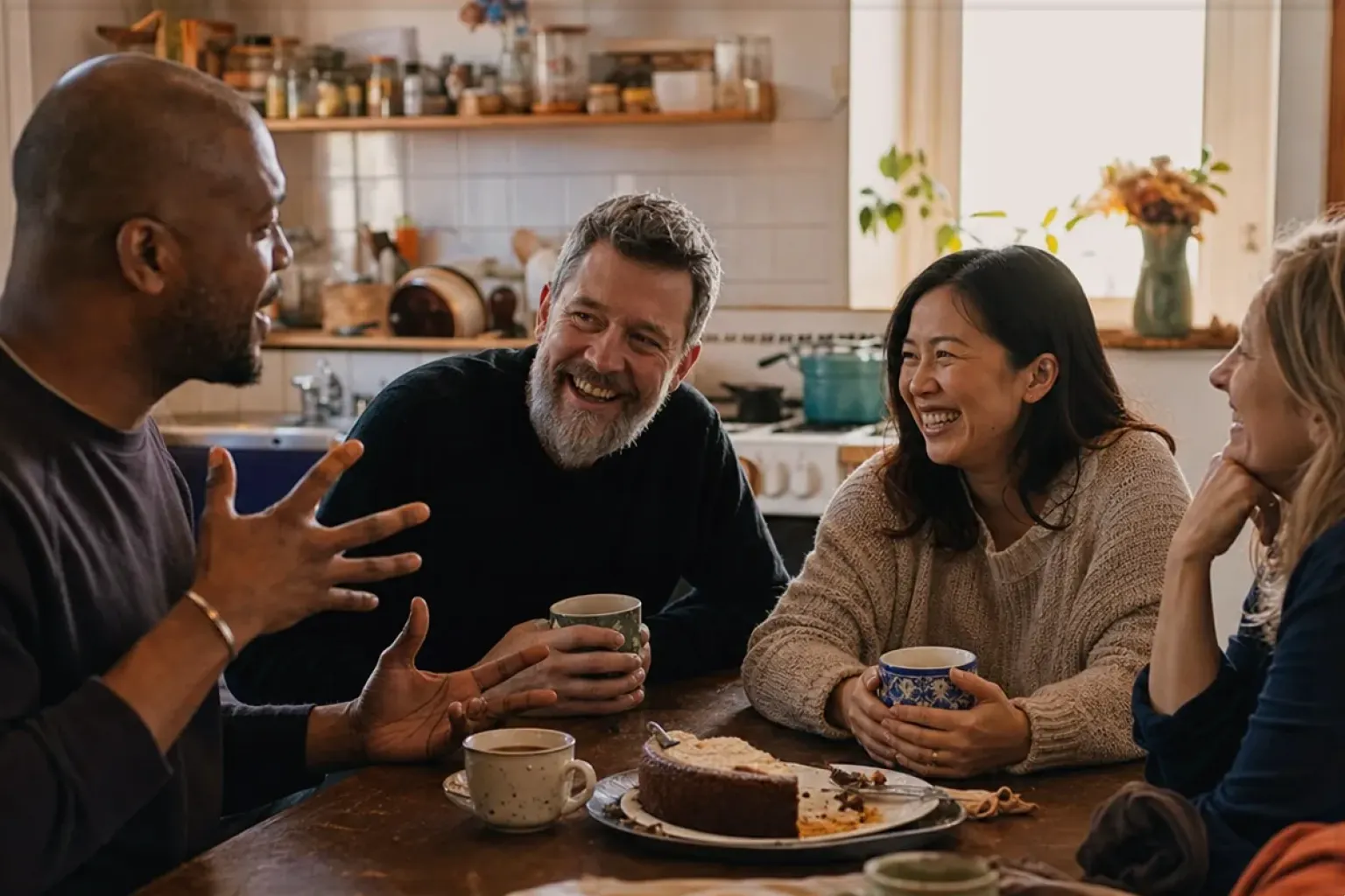 Vier erwachsene Freunde lachen gemeinsam bei Kaffee und selbst gebackenem Kuchen – gezeigt für Manuelle Kaffeemühlen im Themenvergleich.