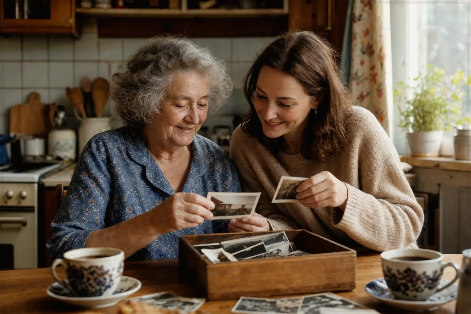 Eine ältere Frau und ihre erwachsene Enkelin betrachten bei Kaffee gemeinsam alte Familienfotos – gezeigt für Manuelle Kaffeemühlen im Themenvergleich.