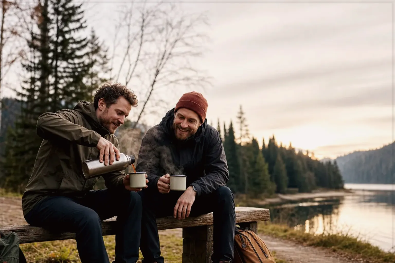 Zwei Freunde teilen auf einer Wanderung heißen Kaffee aus einer Thermoskanne am See – gezeigt für Manuelle Kaffeemühlen im Themenvergleich.