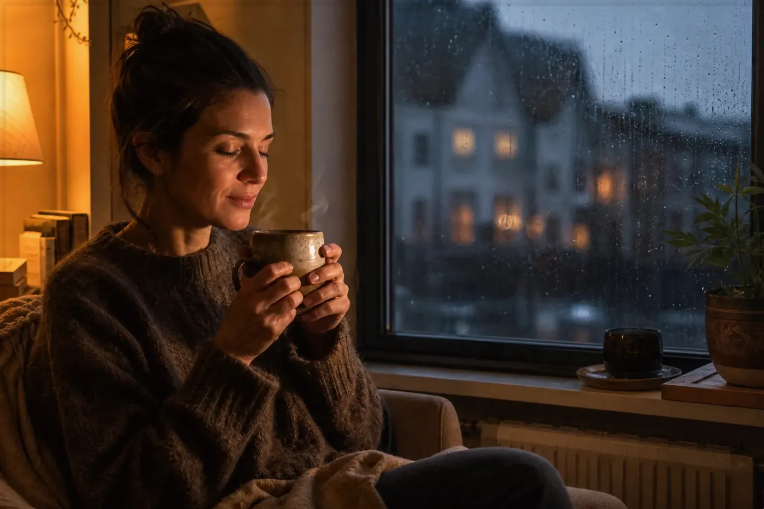 Eine Frau genießt an einem regnerischen Abend ruhig eine warme Tasse Kaffee am Fenster – gezeigt für Manuelle Kaffeemühlen im Themenvergleich.