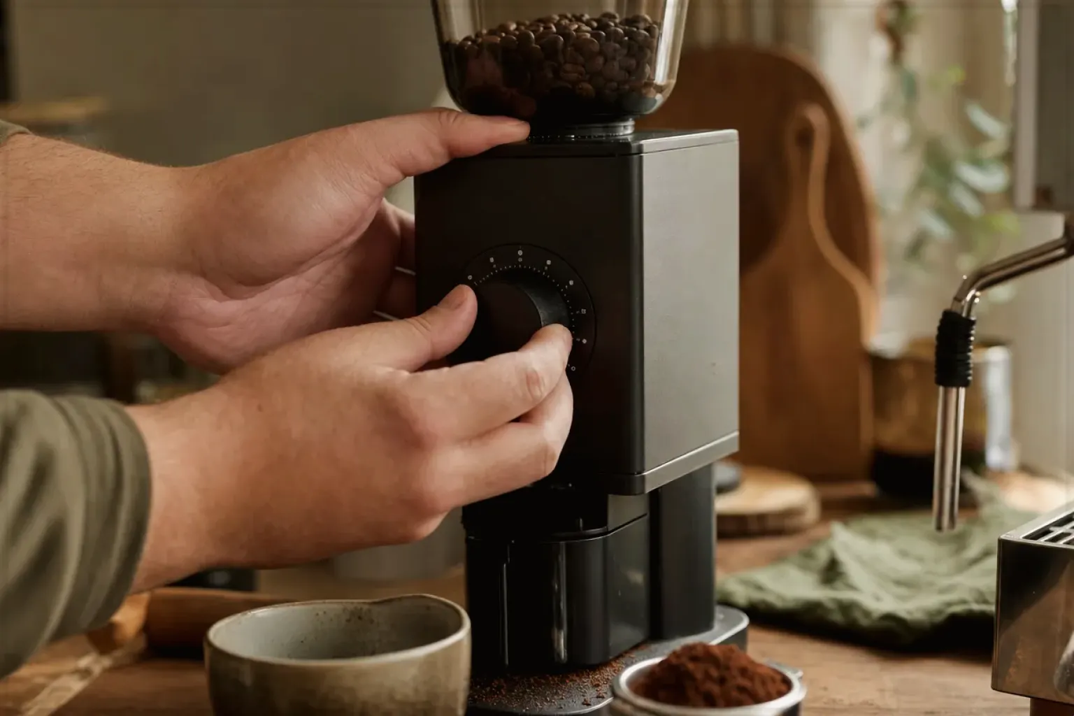 Zwei Hände stellen den Mahlgrad an einer Kaffeemühle präzise ein.