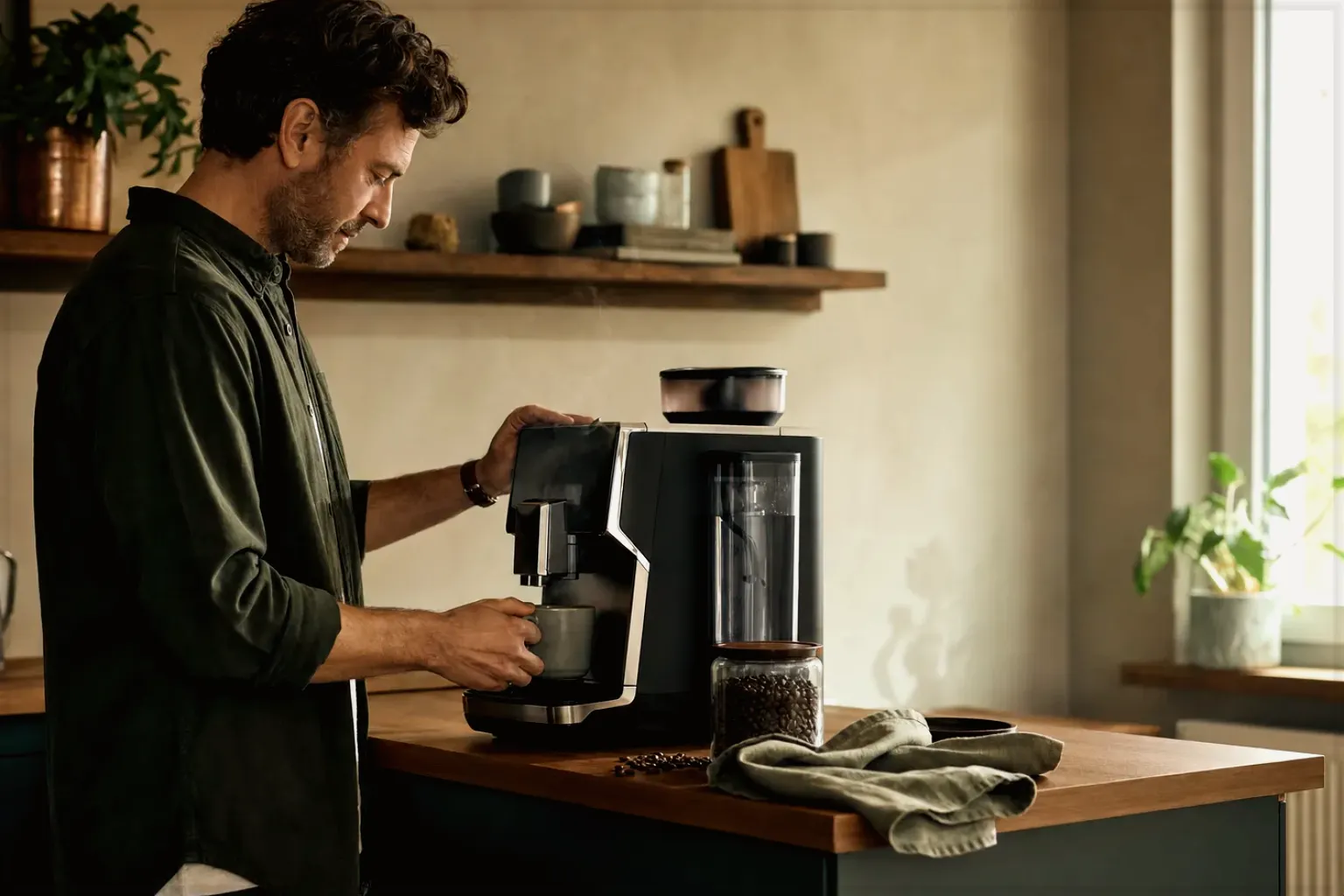 Ein Mann bereitet morgens Kaffee an einem Vollautomaten in seiner Küche zu – gezeigt für Milchaufschäumer im Themenvergleich.