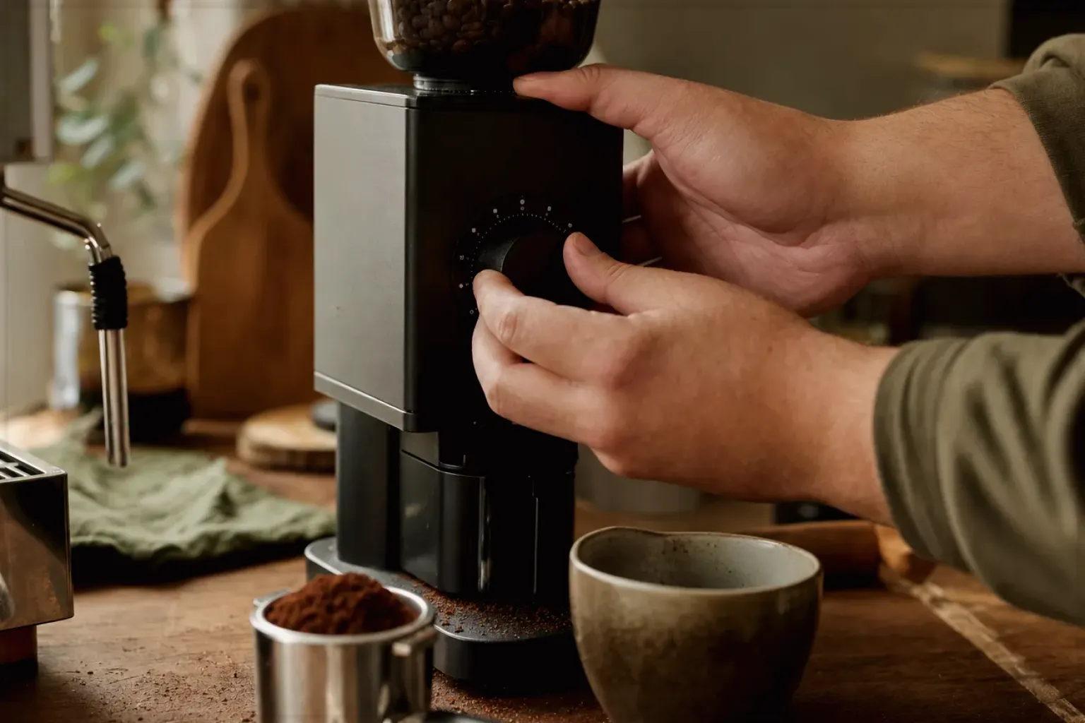 Zwei Hände stellen den Mahlgrad an einer Kaffeemühle neben einer Espressomaschine ein – gezeigt für Milchaufschäumer im Themenvergleich.