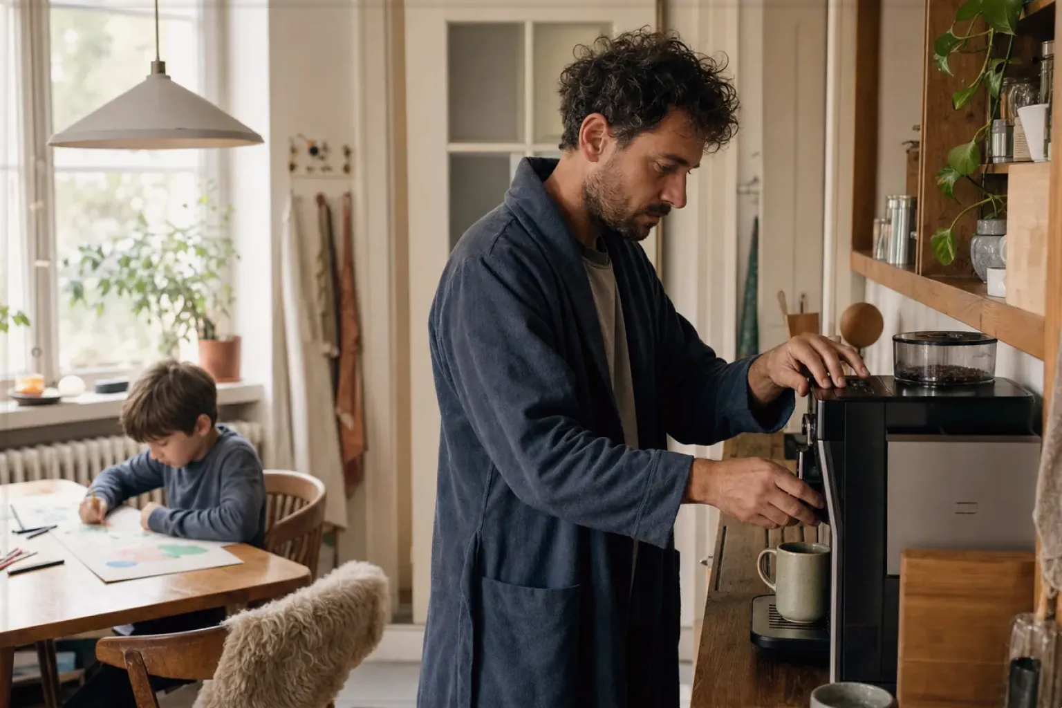Ein Vater bereitet morgens Kaffee am Vollautomaten zu, während sein Kind am Küchentisch malt – gezeigt für Milchaufschäumer im Themenvergleich.