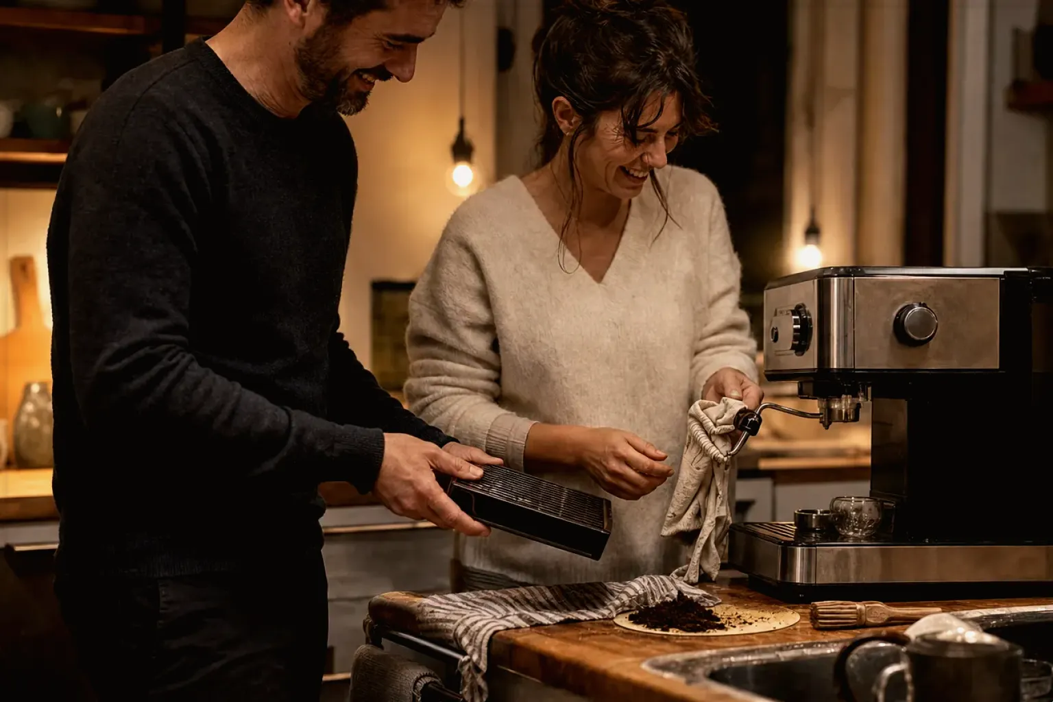 Ein Paar reinigt am Abend gemeinsam und gut gelaunt seine Espressomaschine in der Küche – gezeigt für Milchaufschäumer im Themenvergleich.
