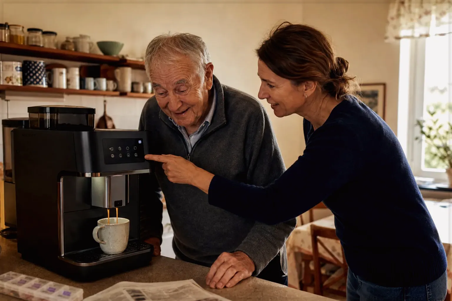 Eine erwachsene Tochter erklärt ihrem älteren Vater in seiner Küche einen Kaffeevollautomaten – gezeigt für Milchaufschäumer im Themenvergleich.