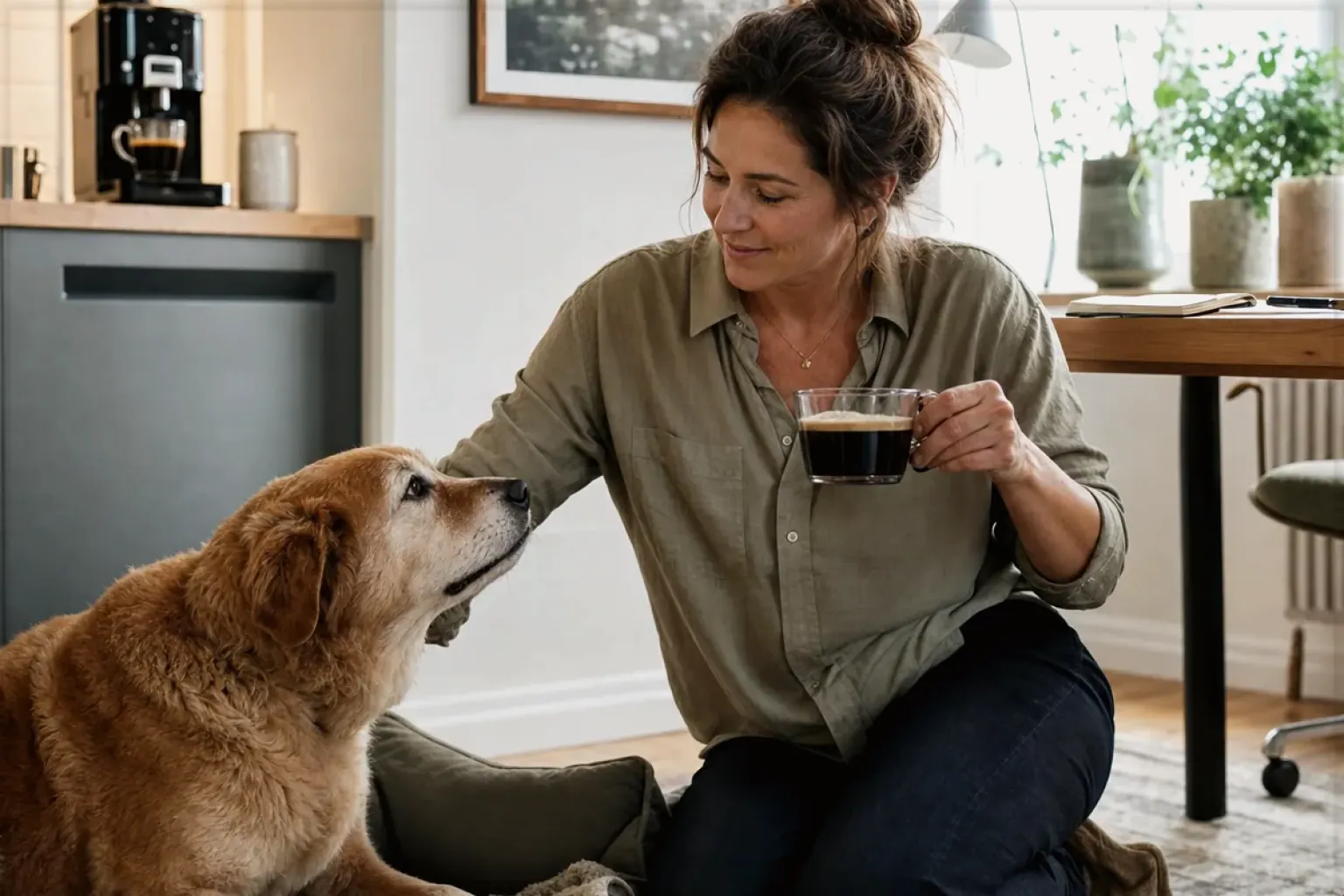 Eine Frau genießt im Homeoffice eine Kaffeepause bei ihrem älteren Hund – gezeigt für Milchaufschäumer im Themenvergleich.